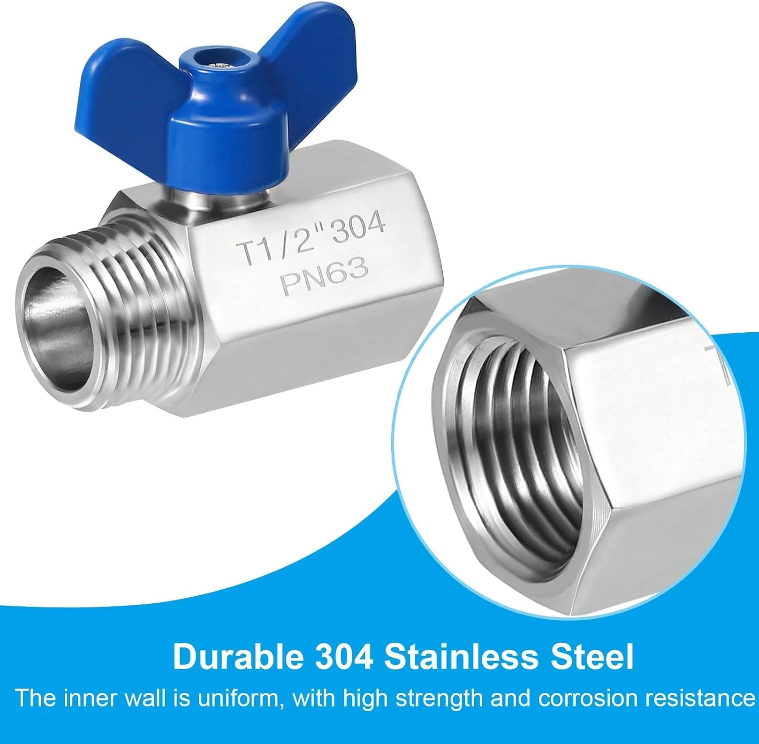 شیر توپی مینی KASTWAVE با رزوه 1/2 اینچ NPT، اتصال قطع و وصل استیل ضد زنگ برای استفاده در لوله کشی کنترل جریان آب، روغن و گاز، نقره ای