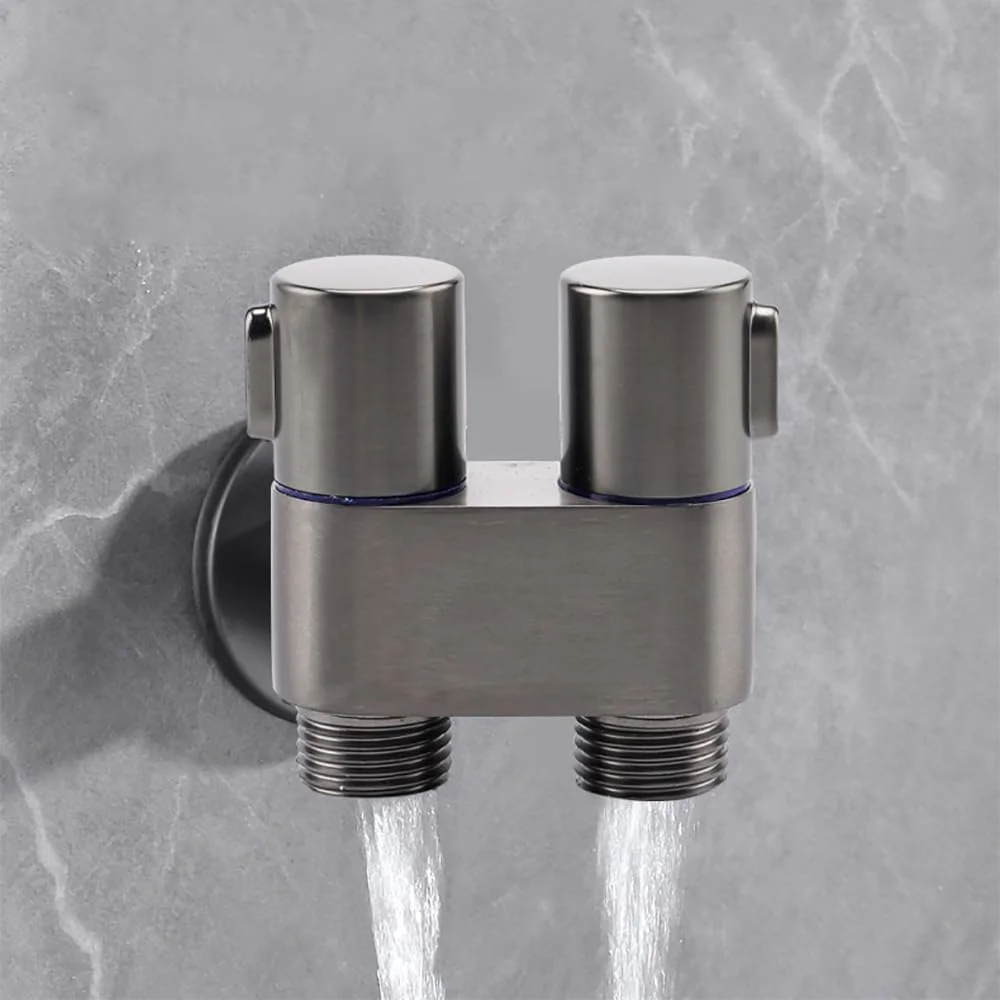 شیر زاویه ای دو خروجی روبیک، شیر انشعاب کنترل جریان آب 1/2 اینچ برنجی نصب شده روی دیوار (کروم)