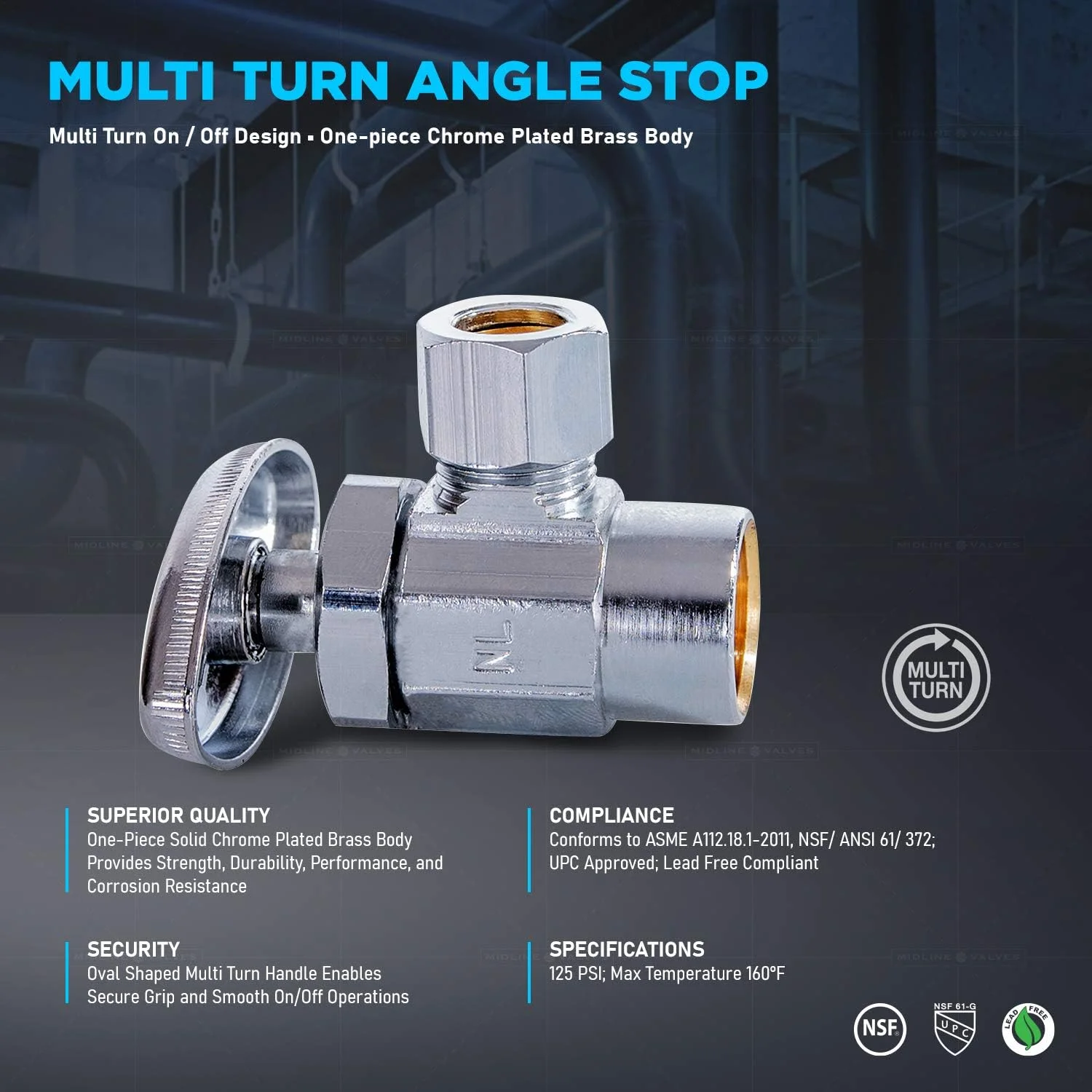 شیر قطع جریان آب Midline Valve 71212QS-OM-5 با اهرم چرخشی; شیر زاویه ای برای توالت، سینک، ماشین ظرفشویی، آبگرمکن; 1/2 اینچ SWT x 3/8 اینچ فشاری; برنجی با روکش کروم (بسته 5 عددی)