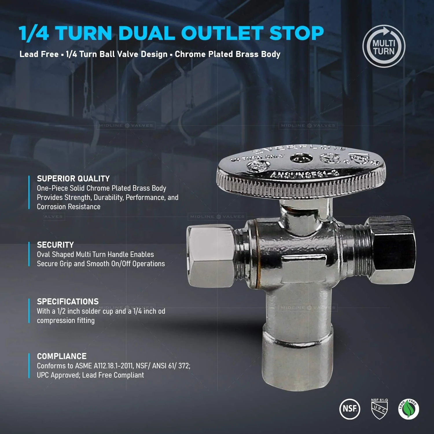 شیر زاویه ای قطع و وصل آب Midline Valve 86324QS-OM؛ خروجی دوگانه؛ اهرم چرخشی یک چهارم دور؛ یک تکه؛ برای توالت، سینک، ماشین ظرفشویی؛ 1/2 اینچ Sweat x 3/8 اینچ COMP x 3/8 اینچ COMP؛ برنج با روکش کروم شیر زاویه ای قطع و وصل آب Midline Valve 86324QS-OM؛ خروجی دوگانه؛ اهرم چرخشی یک چهارم دور؛ یک تکه؛ برای توالت، سینک، ماشین ظرفشویی؛ 1/2 اینچ Sweat x 3/8 اینچ COMP x 3/8 اینچ COMP؛ برنج با روکش کروم