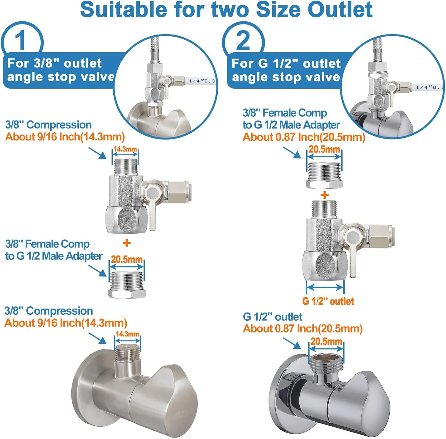 اتصال دهنده آب خوراک HAOCHEN - تقسیم کننده خط آب 3/8"x3/8"x1/4" یا G 1/2"xG 1/2"x1/4"، شیر آب برنجی با اتصالات سریع 1/4" برای فیلتر RO، یخچال، یخ ساز