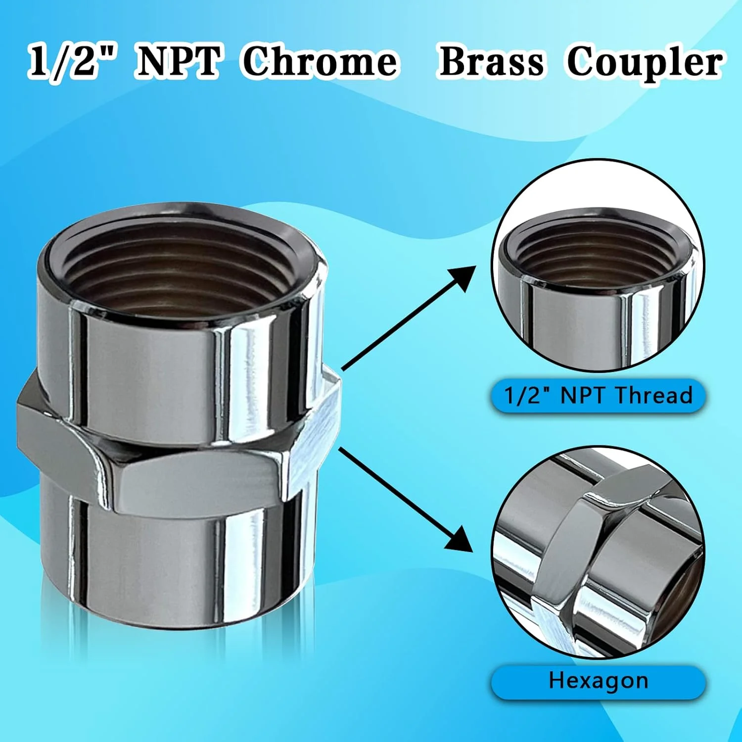 اتصال لوله برنجی FANOVO - کوپلینگ لوله 1/2 اینچ NPT مادگی × 1/2 اینچ NPT مادگی - کوپلینگ سر دوش با روکش کروم - آداپتور مبدل، برای اتصال لوله های لوله کشی خانگی (2 عدد، 1/2 اینچ × 1/2 اینچ NPT مادگی)