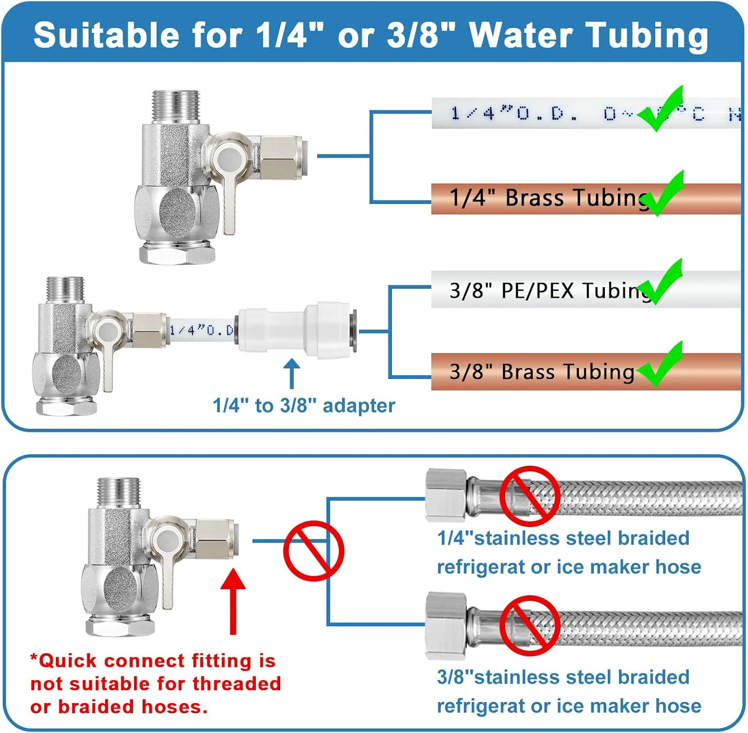 اتصال دهنده آب خوراک HAOCHEN - تقسیم کننده خط آب 3/8"x3/8"x1/4" یا G 1/2"xG 1/2"x1/4"، شیر آب برنجی با اتصالات سریع 1/4" برای فیلتر RO، یخچال، یخ ساز