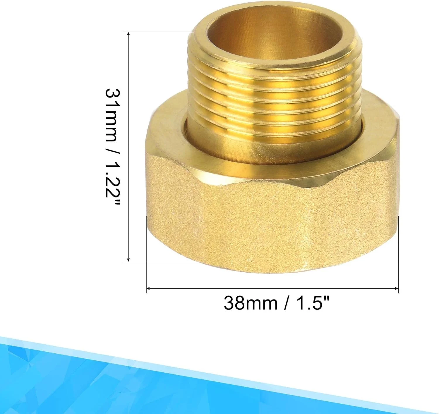 اتصال لوله برنجی سورسیینگ مپ، کوپلینگ کنتور آب، رزوه مادگی G1 به نری G3/4، آداپتور اتصال شش گوش، طول 31 میلی متر