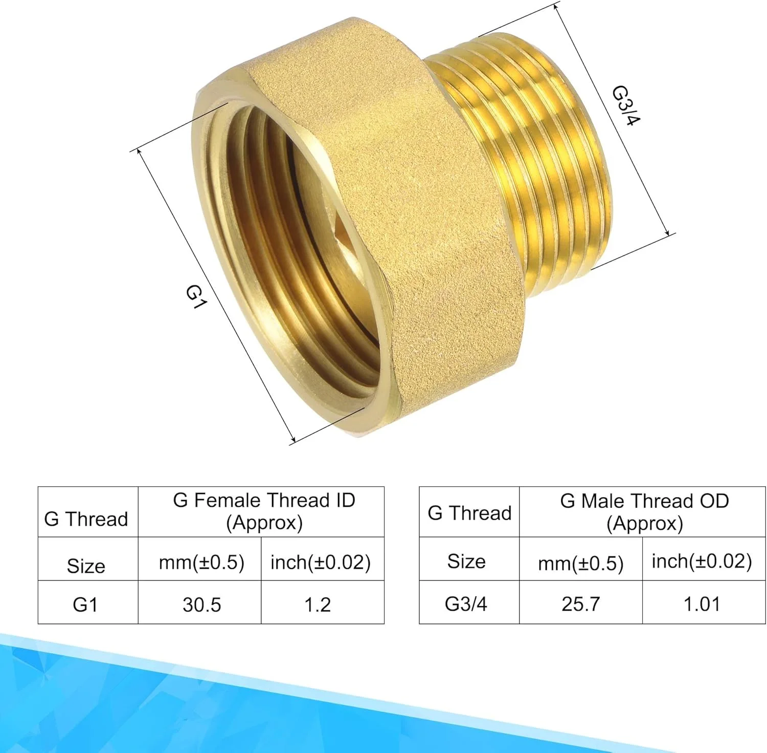 اتصال لوله برنجی سورسیینگ مپ، کوپلینگ کنتور آب، رزوه مادگی G1 به نری G3/4، آداپتور اتصال شش گوش، طول 31 میلی متر