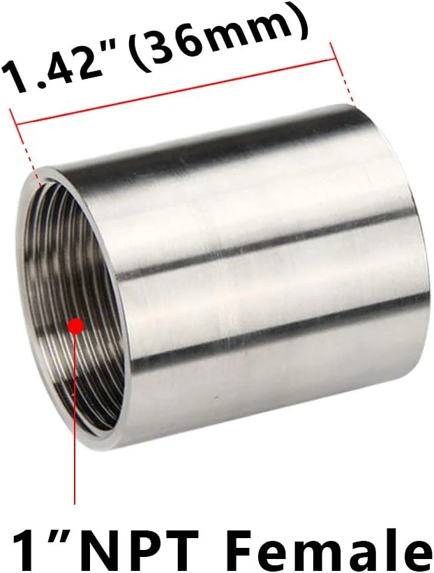 اتصال لوله ریخته گری استیل 304 Feelers، کوپلینگ مادگی پولیش شده، 1" x 1" NPT رزوه مادگی، طول 1.4 اینچ