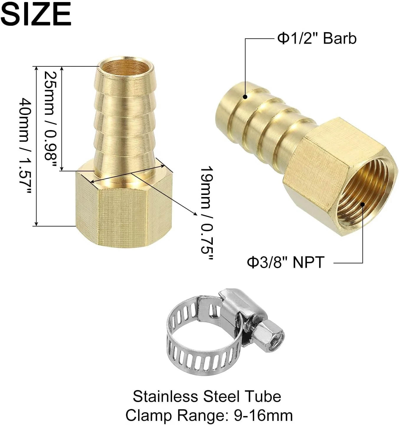 اتصالات شیلنگ برنجی 2 عددی، اتصالات خاردار برنجی 1/2 اینچ خاردار x 3/8 اینچ NPT مادگی با بست های شیلنگ برای آب، سوخت، هوا، دستگاه های مکانیکی، تجهیزات لوله کشی