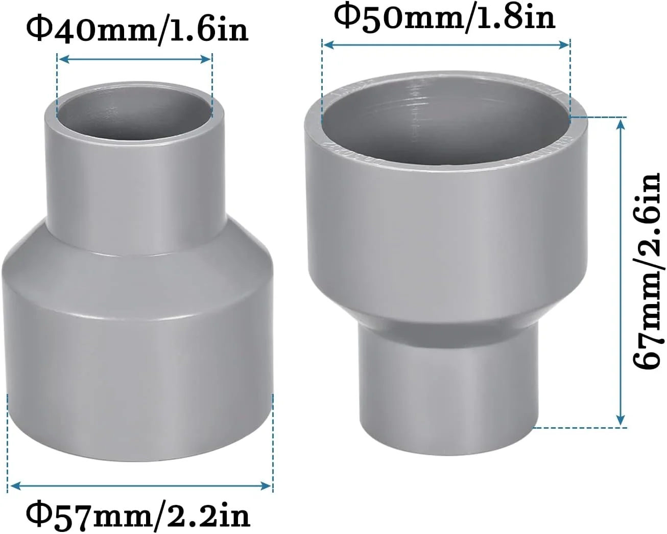 کوپلینگ کاهنده پی وی سی QUARKZMAN، 50mm x 40mm، بسته 2 عددی، اتصالات لوله DWV برای ساخت و ساز، آبیاری و لوله کشی، [خاکستری]