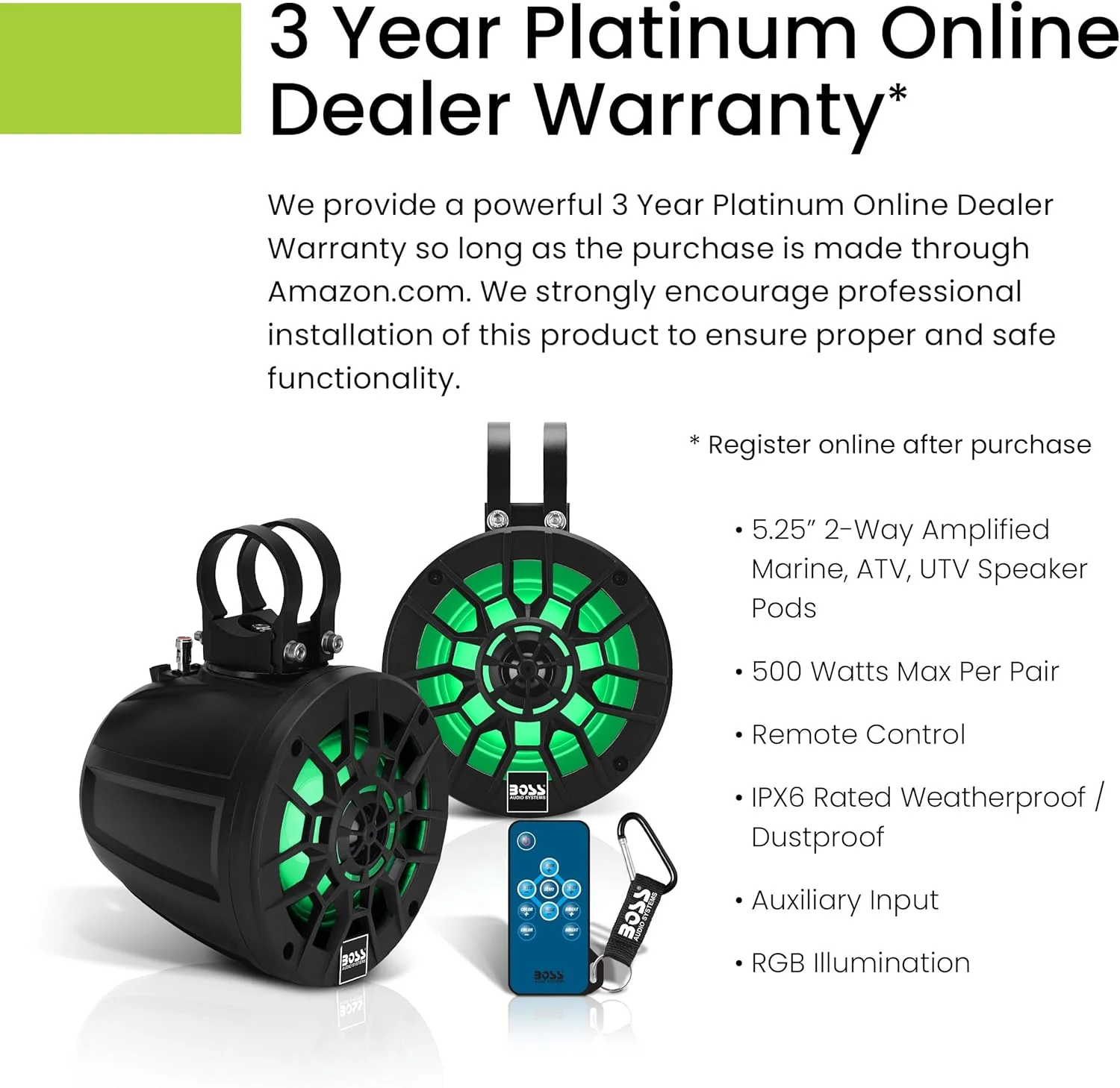 سیستم بلندگوی برج بیدارکننده دریایی BOSS Audio Systems MPWT50RGB ATV UTV - ضد آب با استاندارد IPX6، نورپردازی چند رنگی، 500 وات در هر جفت، بلندگوهای 5.25 اینچی، دامنه کامل، 2 طرفه سیستم بلندگوی برج بیدارکننده دریایی BOSS Audio Systems MPWT50RGB ATV UTV - ضد آب با استاندارد IPX6، نورپردازی چند رنگی، 500 وات در هر جفت، بلندگوهای 5.25 اینچی، دامنه کامل، 2 طرفه