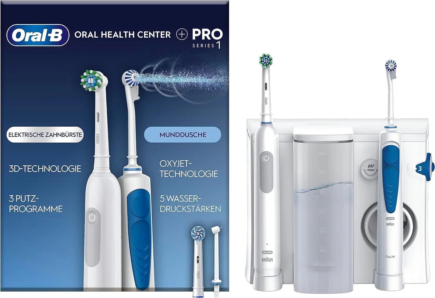 مرکز بهداشت دهان و دندان Oral-B، واترجت دندان و مسواک برقی سری Pro، جت دندان، 1 کانول اکسی جت، 1 جت آب، 4 جت آب و 5 فشار، 2 برس، قابل شارژ
