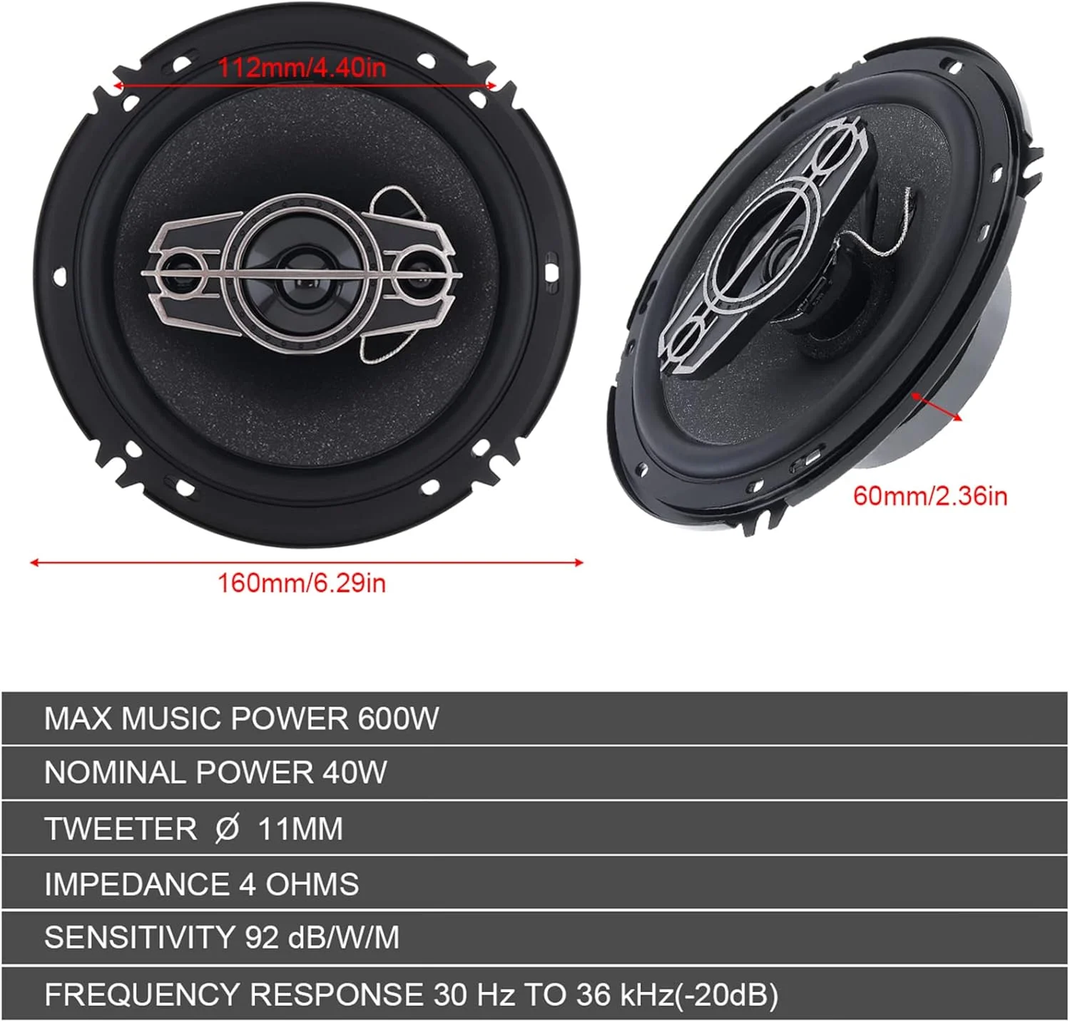 یک جفت بلندگوی درب استریوی خودرو Fawoonu، 6 اینچی، حداکثر 600 وات، 4 طرفه، دامنه کامل، توییتر، بلندگوهای کواکسیال