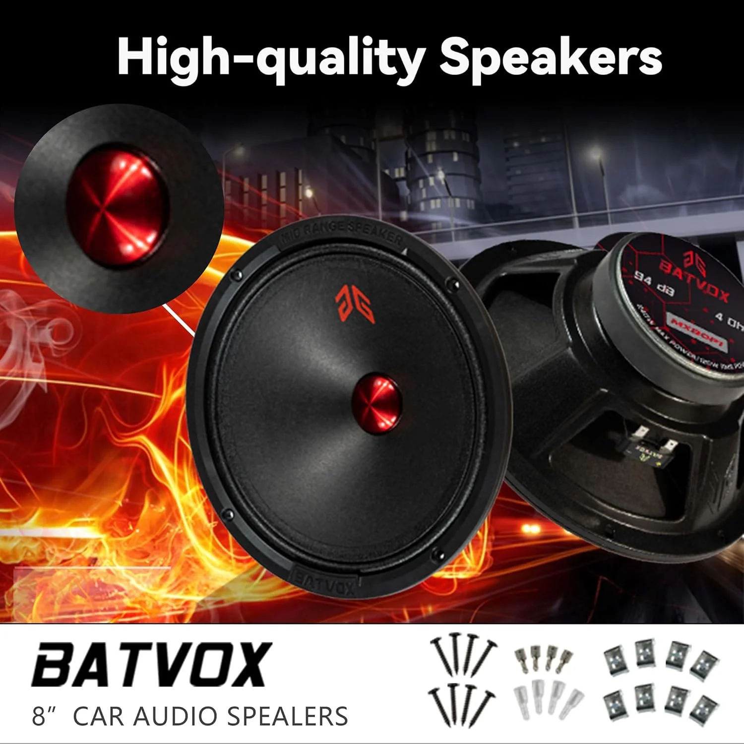بلندگوی میان رده 8 اینچی Guooreat MX80P1 با توان 480 وات و امپدانس 4 اهم، دارای درپوش گرد و غبار قرمز، بلندگوهای صوتی با کیفیت عالی برای سیستم صوتی استریوی خودرو یا کامیون، مشکی (2 عدد بلندگو)