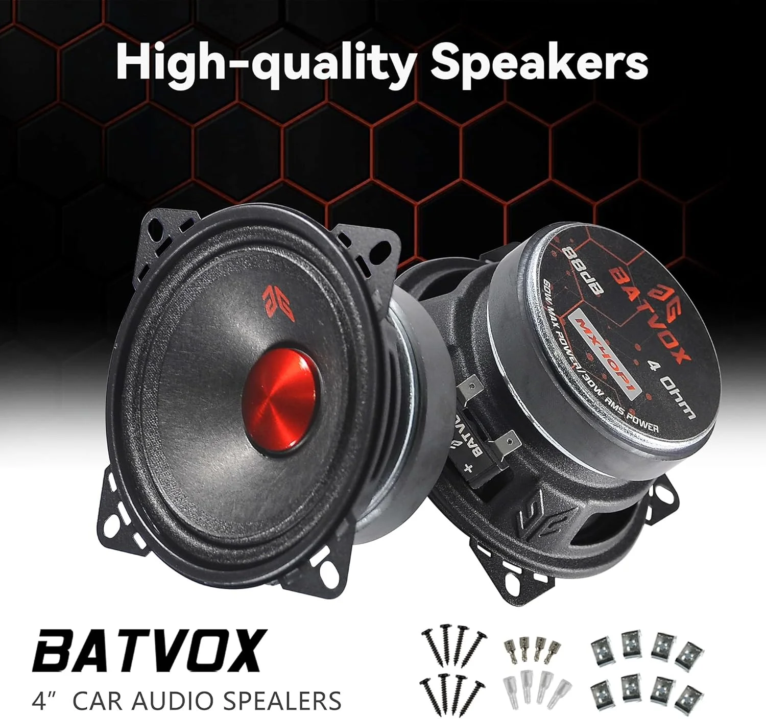 بلندگوی میان رده 4 اینچی GRTSKY MX40P1، توان 120 وات، 4 اهم، درپوش گرد و غبار قرمز، بلندگوهای صوتی با کیفیت عالی برای سیستم صوتی استریوی خودرو یا کامیون، مشکی (2 عدد)