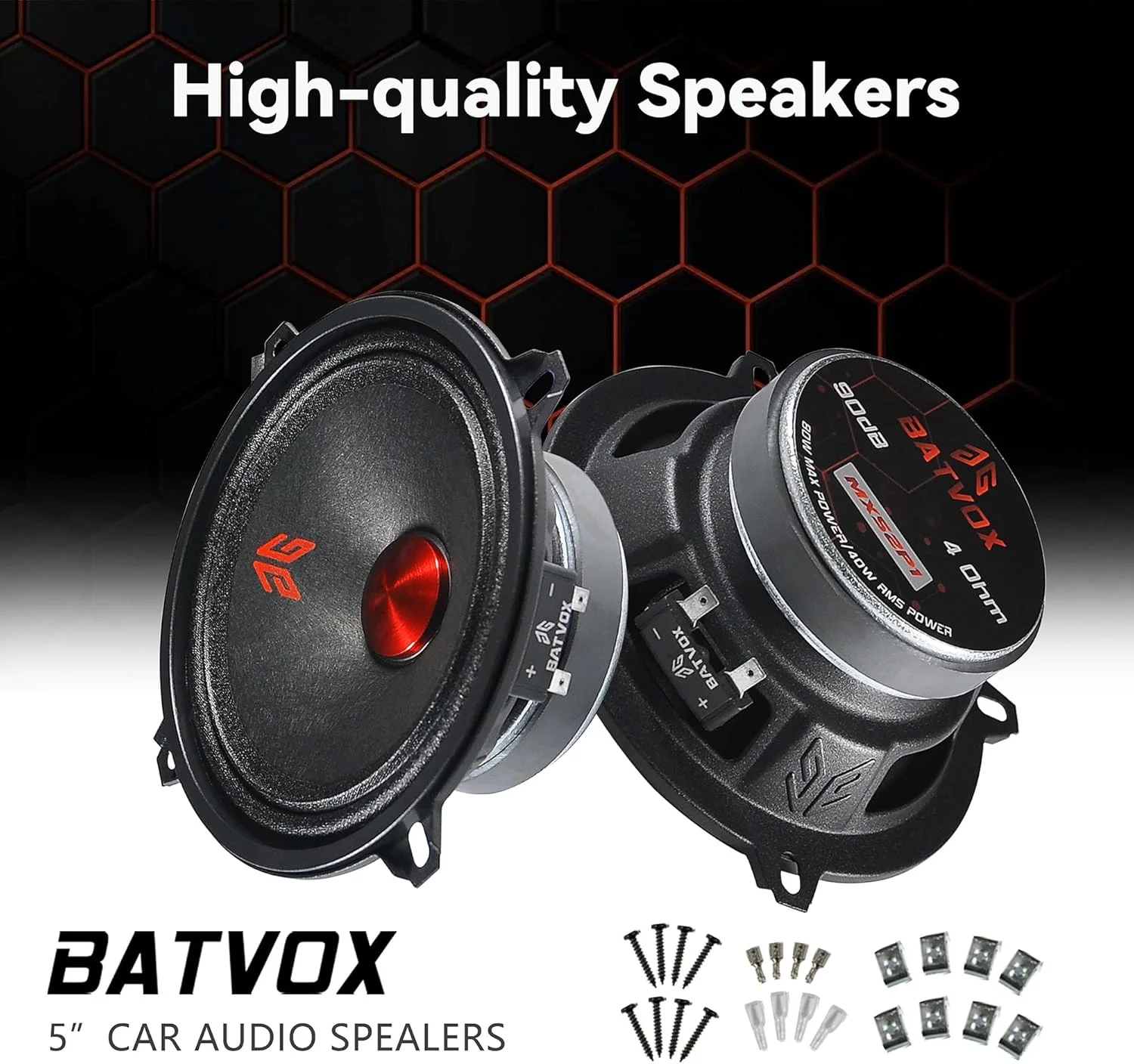 بلندگوی میان رده 5 اینچی GRTSKY MX52P1، 160 وات، 4 اهم، درپوش گرد و غبار قرمز، بلندگوهای صوتی با کیفیت عالی برای سیستم صوتی استریوی خودرو یا کامیون، مشکی (2 عدد)