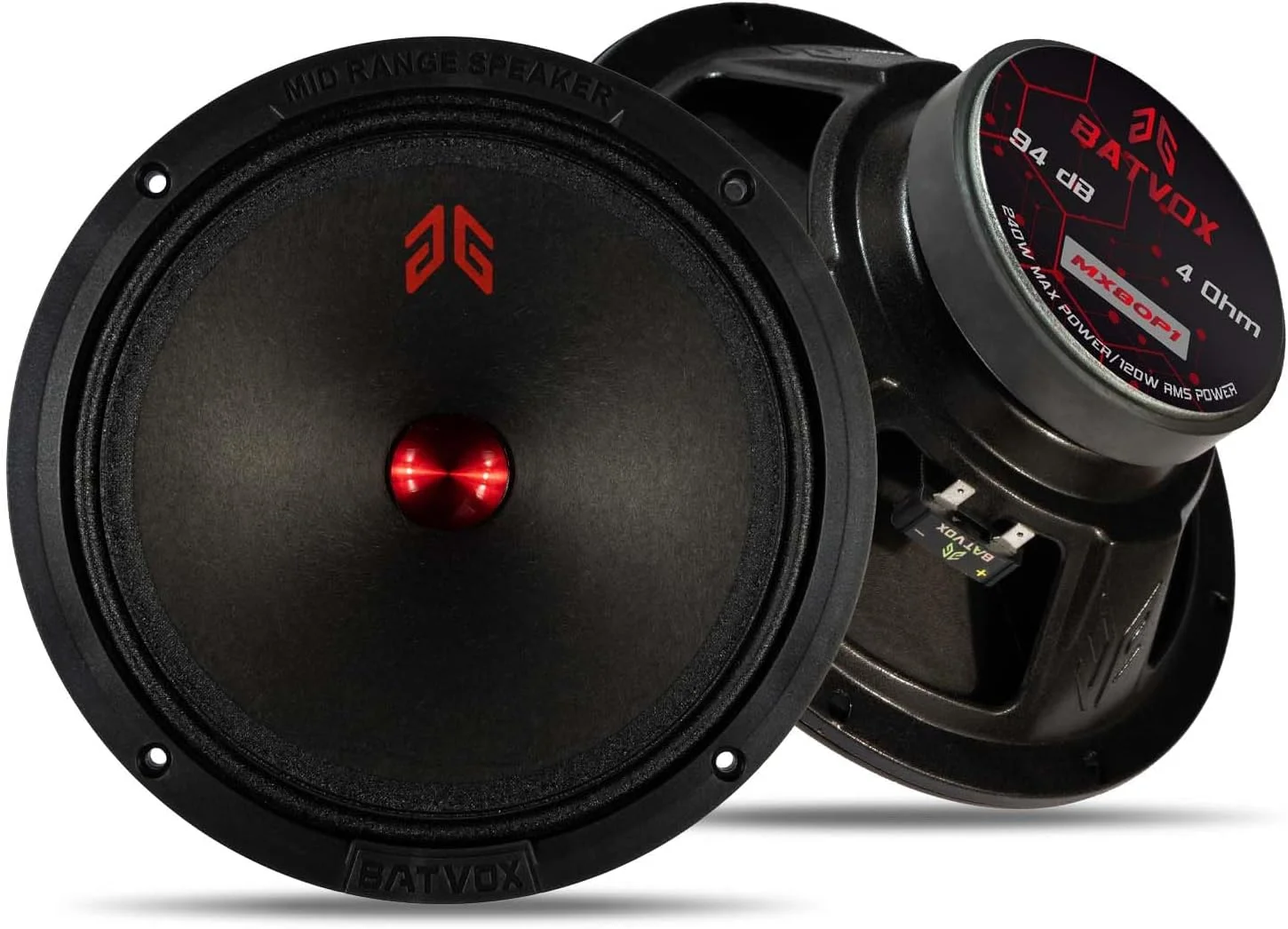 بلندگوی میان رده 8 اینچی GRTSKY MX80P1 با توان 480 وات و امپدانس 4 اهم، دارای درپوش گرد و غبار قرمز، بلندگوهای درب خودرو با کیفیت عالی برای سیستم صوتی خودرو یا کامیون، مشکی (2 عدد)