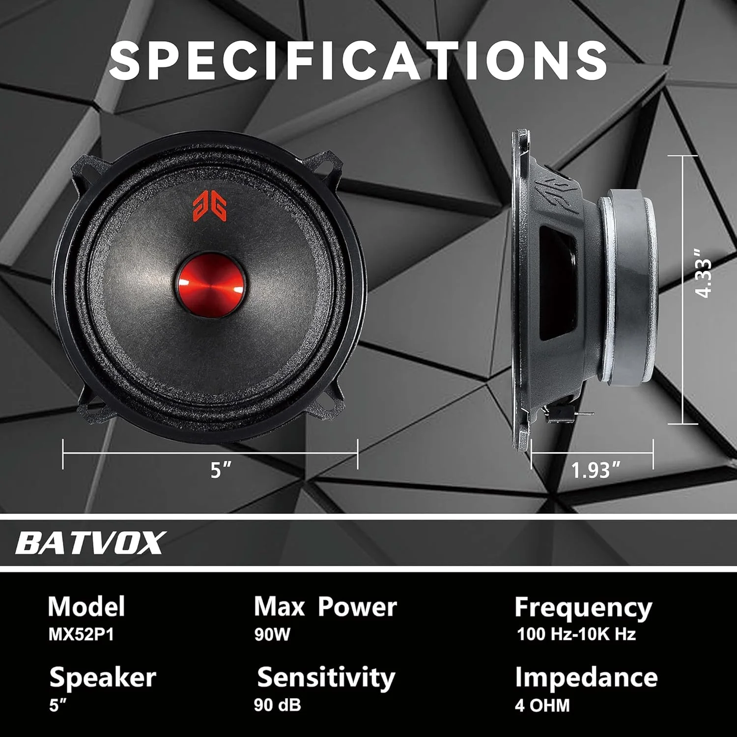 بلندگوی میان رده 5 اینچی GRTSKY MX52P1، 160 وات، 4 اهم، درپوش گرد و غبار قرمز، بلندگوهای صوتی با کیفیت عالی برای سیستم صوتی استریوی خودرو یا کامیون، مشکی (2 عدد)