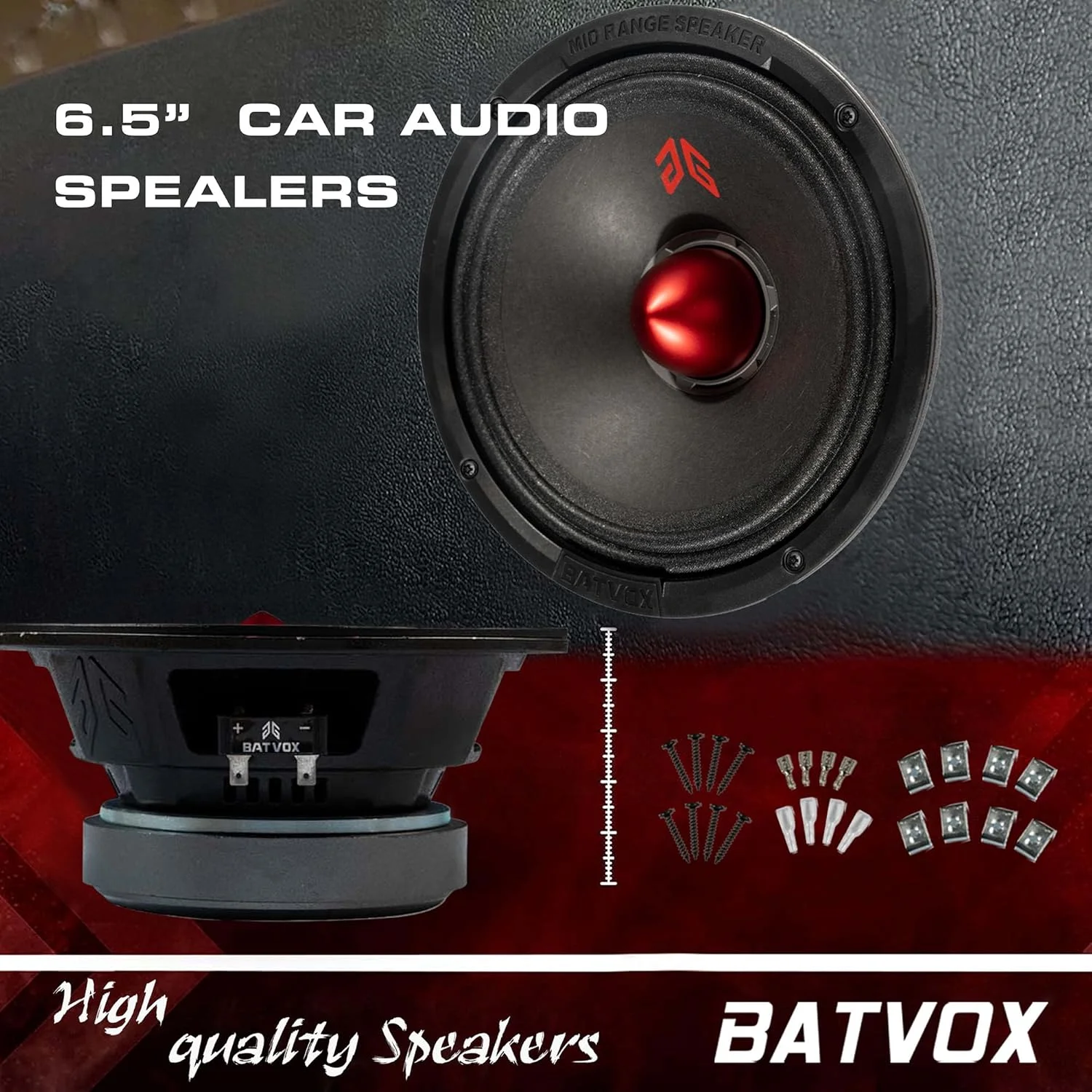 بلندگوی میان رده Gaooger MX65E2، 6.5 اینچ، بولت قرمز، حداکثر 480 وات، 4 اهم، بلندگوهای درب خودرو با کیفیت عالی برای سیستم صوتی استریو ماشین یا کامیون، مشکی (2 عدد بلندگو)