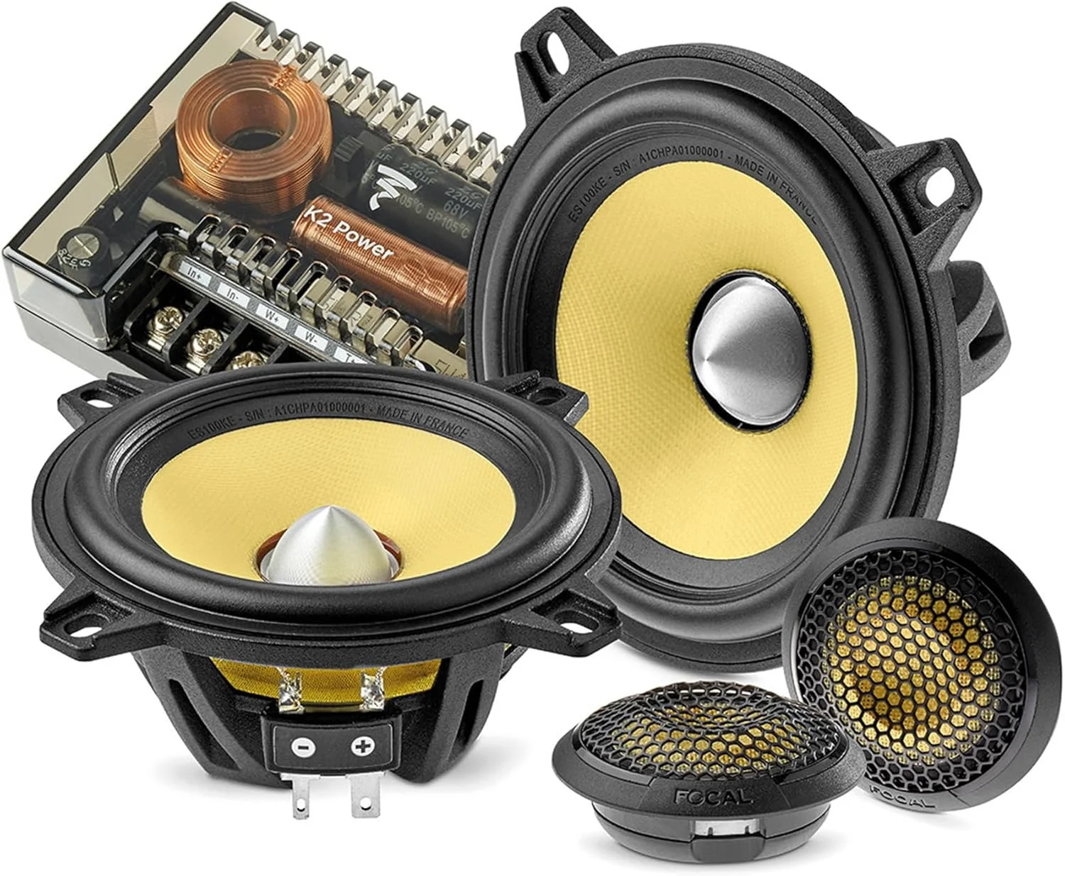 سیستم بلندگوی کامپوننت خودرو Focal ES100KE با قطر 13 سانتی متر، 2-راهه با کراس اوور، مخروط فیبر آرامید زرد سیستم بلندگوی کامپوننت خودرو Focal ES100KE با قطر 13 سانتی متر، 2-راهه با کراس اوور، مخروط فیبر آرامید زرد