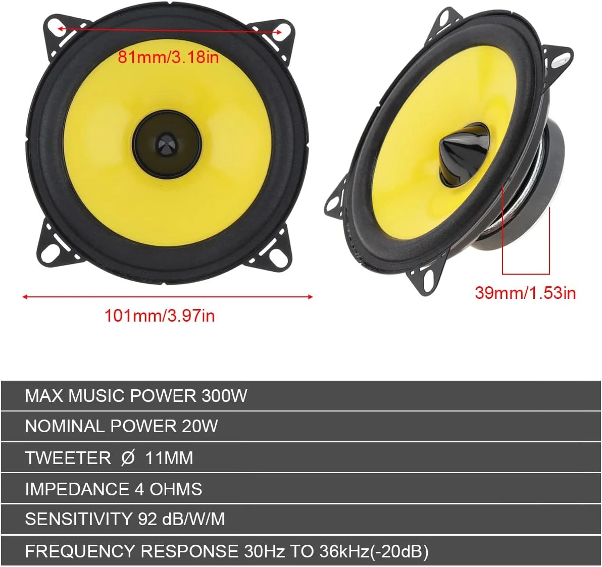 ePathChina 2 عدد بلندگوی صوتی خودرو با فرکانس کامل، بیس متوسط سنگین، فوق العاده نازک، بلندگوی اصلاح شده، نصب غیر مخرب (4 اینچ) ePathChina 2 عدد بلندگوی صوتی خودرو با فرکانس کامل، بیس متوسط سنگین، فوق العاده نازک، بلندگوی اصلاح شده، نصب غیر مخرب (4 اینچ)