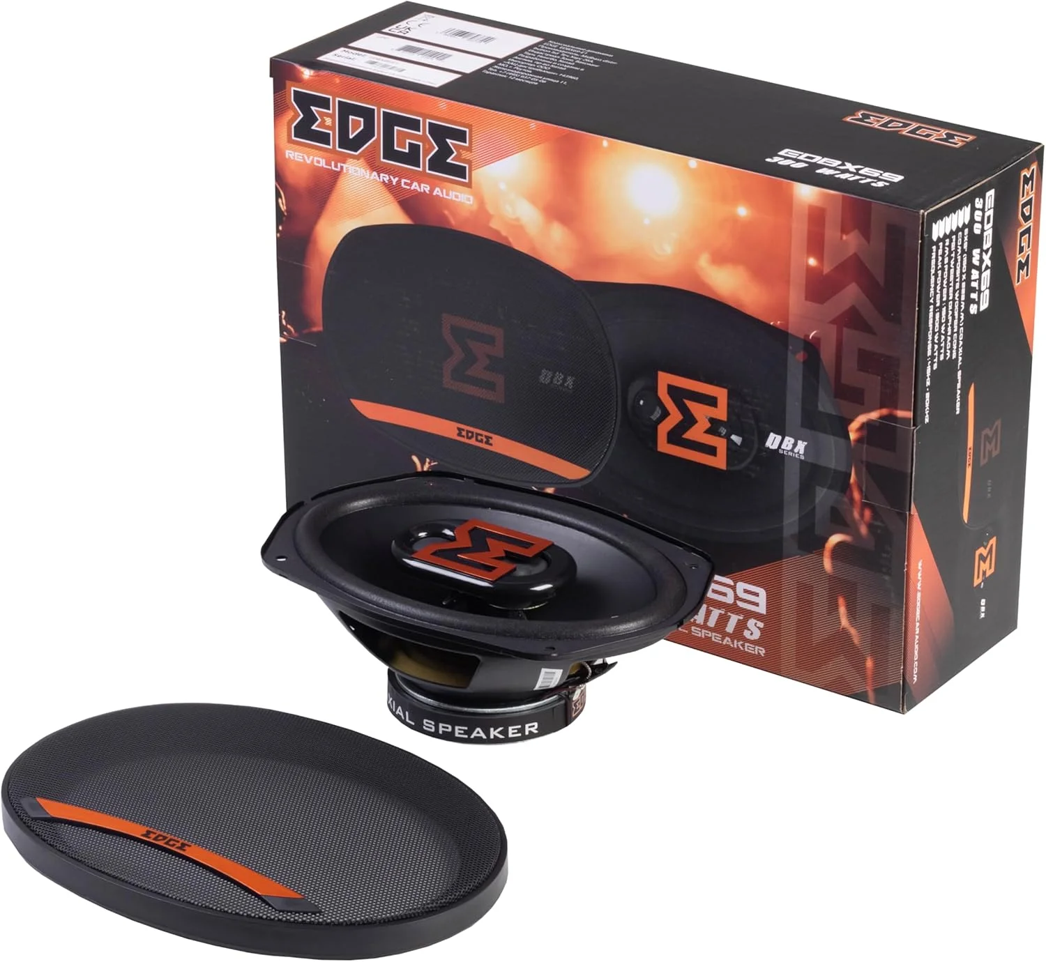 بلندگوی کواکسیال 3 طرفه EDGE EDBX69 با ابعاد 6x9 اینچ (15x22 سانتی متر) - 150/300 وات، مشکی و نارنجی. شامل توری محافظ، فروش به صورت جفتی