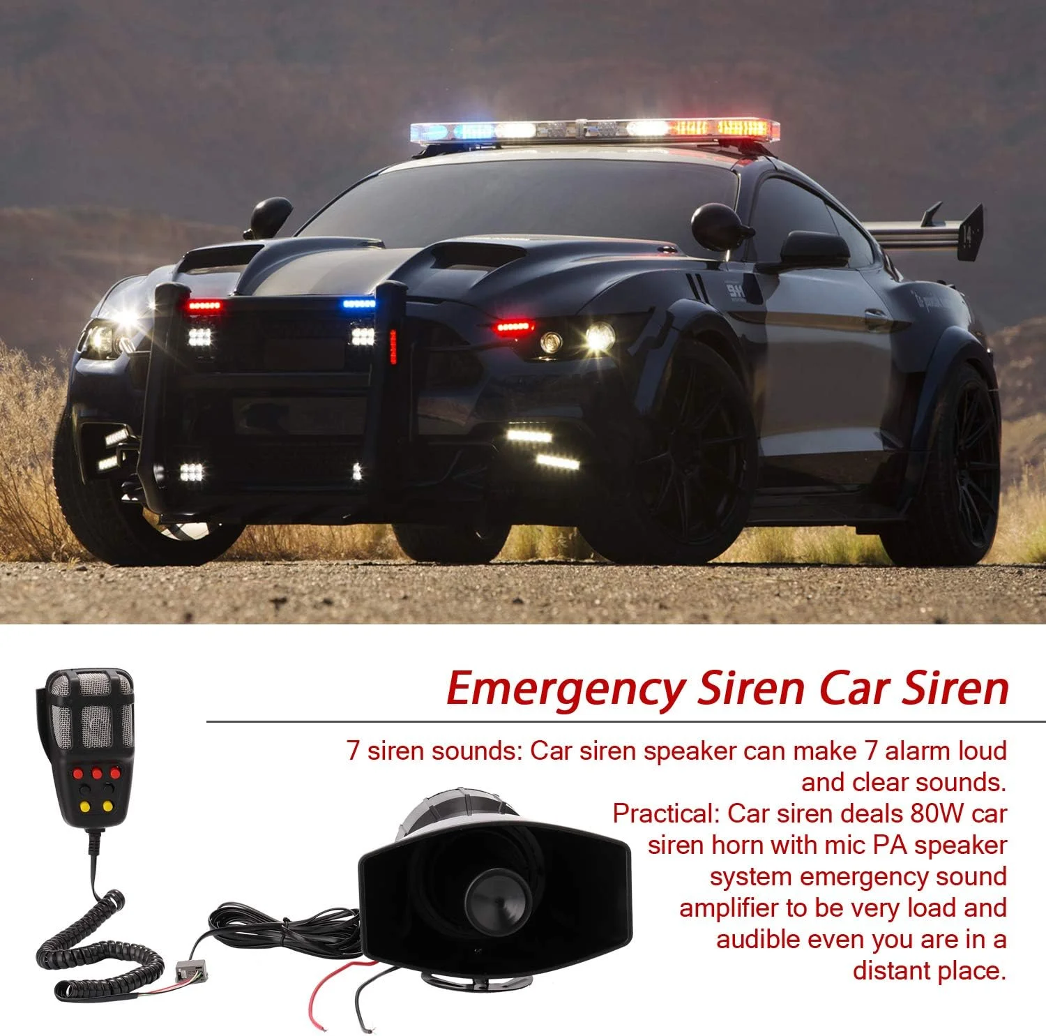 سیستم بلندگوی آژیر اضطراری خودرو با میکروفون 12 ولت 80 وات 200 دسی بل، آمپلی فایر، صدای بوق، سیستم پخش عمومی، 7 صدای آلارم بلند و واضح