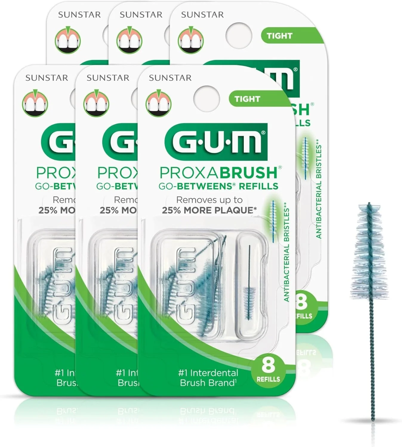 سری یدک برس بین دندانی GUM Proxabrush Go-Betweens - مناسب فضاهای تنگ - سازگار با دسته دائمی GUM - برس های بین دندانی قابل استفاده مجدد برای دندان های فشرده - خلال دندان با موهای نرم، 8 عددی (بسته 6 عددی)