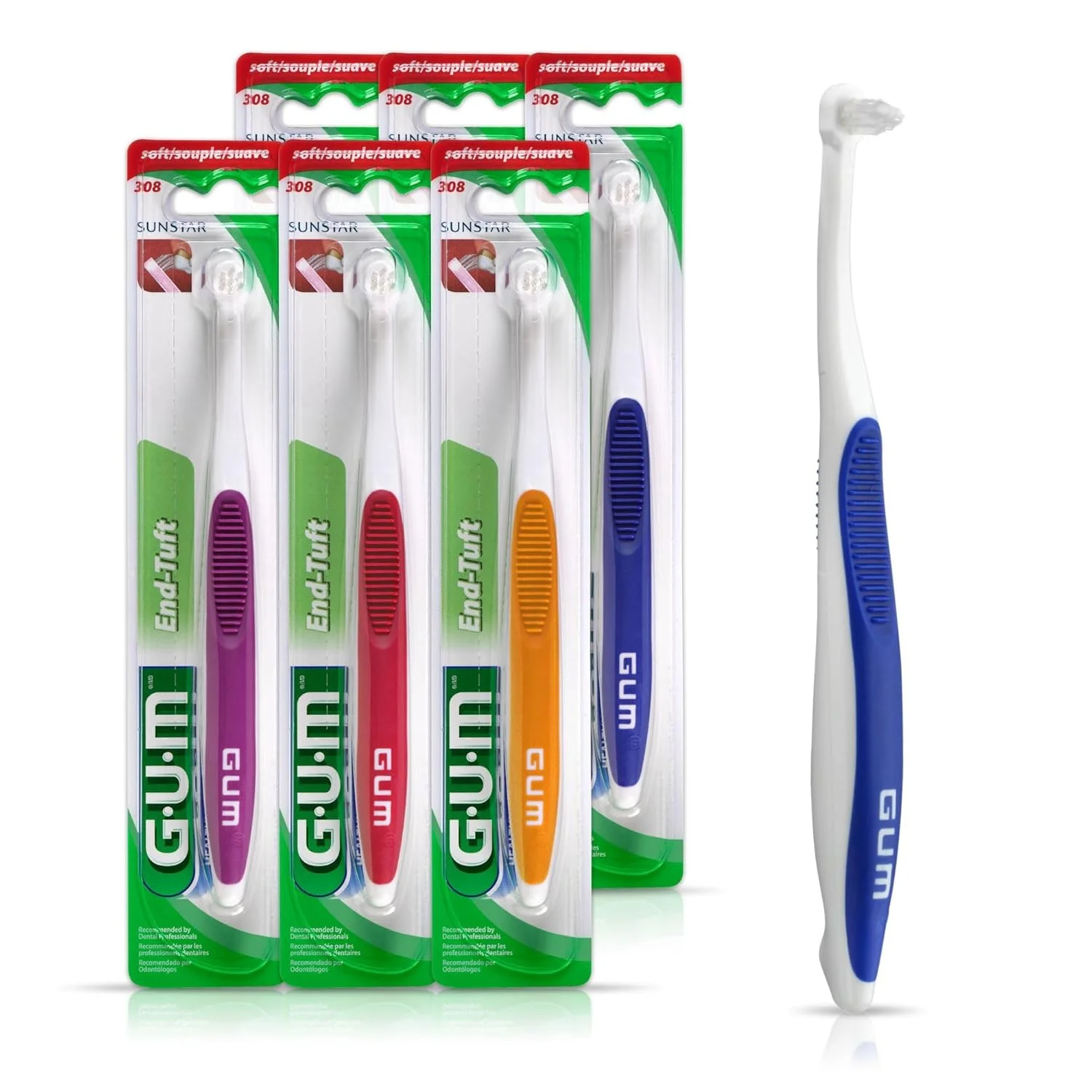 مسواک تک دسته GUM - سر بسیار کوچک برای نواحی دور از دسترس - ایمپلنت ها، دندان های آسیاب و دندان عقل - برس نرم دندان برای بزرگسالان (بسته 6 عددی)