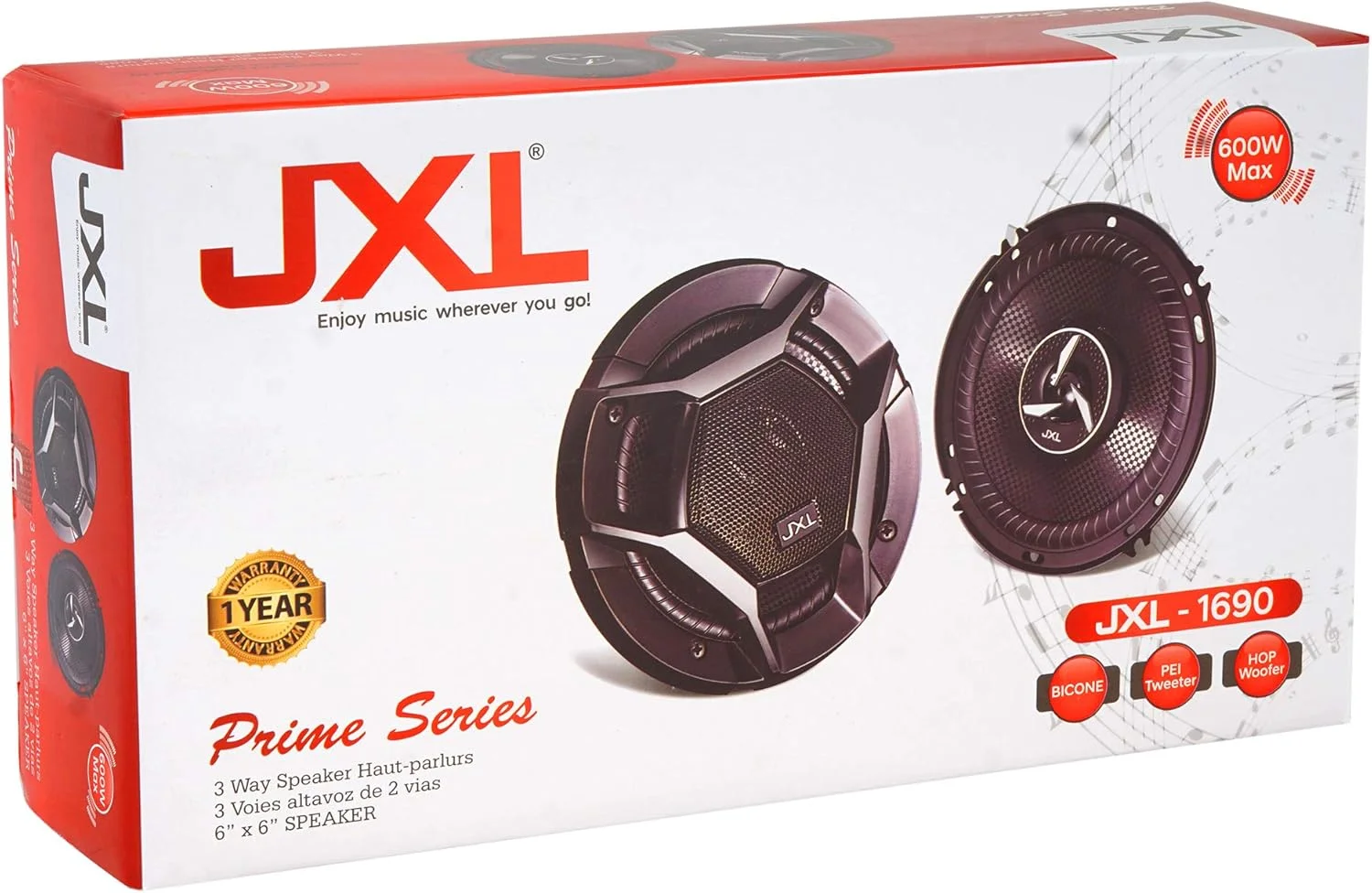 بلندگوی کواکسیال 3 طرفه 6 اینچی JXL 1690 با عملکرد بالا، دارای توییتر PEI داخلی و ووفر HOP، حداکثر توان 600 وات (جفت - مشکی)