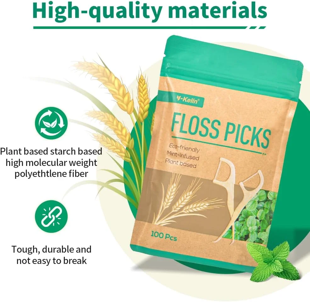 نخ دندان دوقلو Y-Kelin - 100 عدد نخ دندان سازگار با محیط زیست از جنس کاه گندم، نخ دندان، تمیز کننده دندان، پایدار و قابل استفاده مجدد، وگان و بدون تست حیوانی