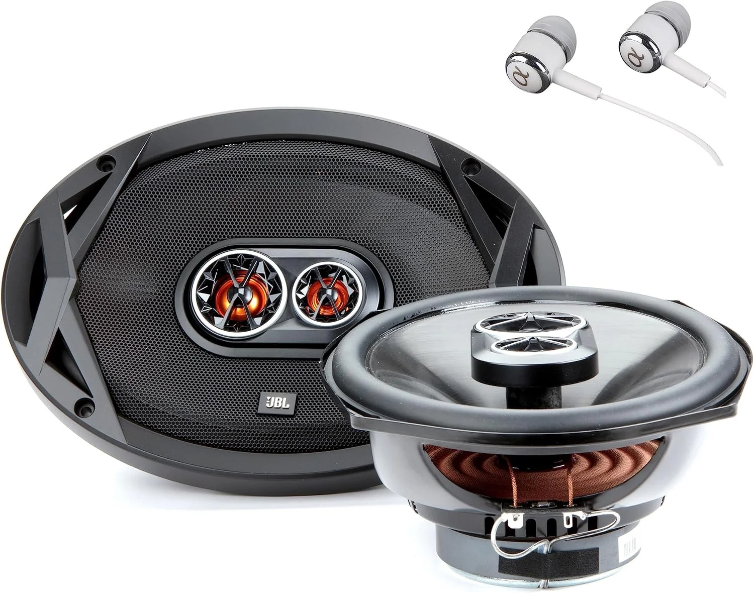 بلندگوهای کواکسیال سه طرفه JBL Club 9630 سری Club، ووفر پلی پروپیلن مقاوم در برابر اشعه ماوراء بنفش، 6x9 اینچ، 3 اهم، حداکثر توان 480 وات، به همراه هدفون Alphasonik