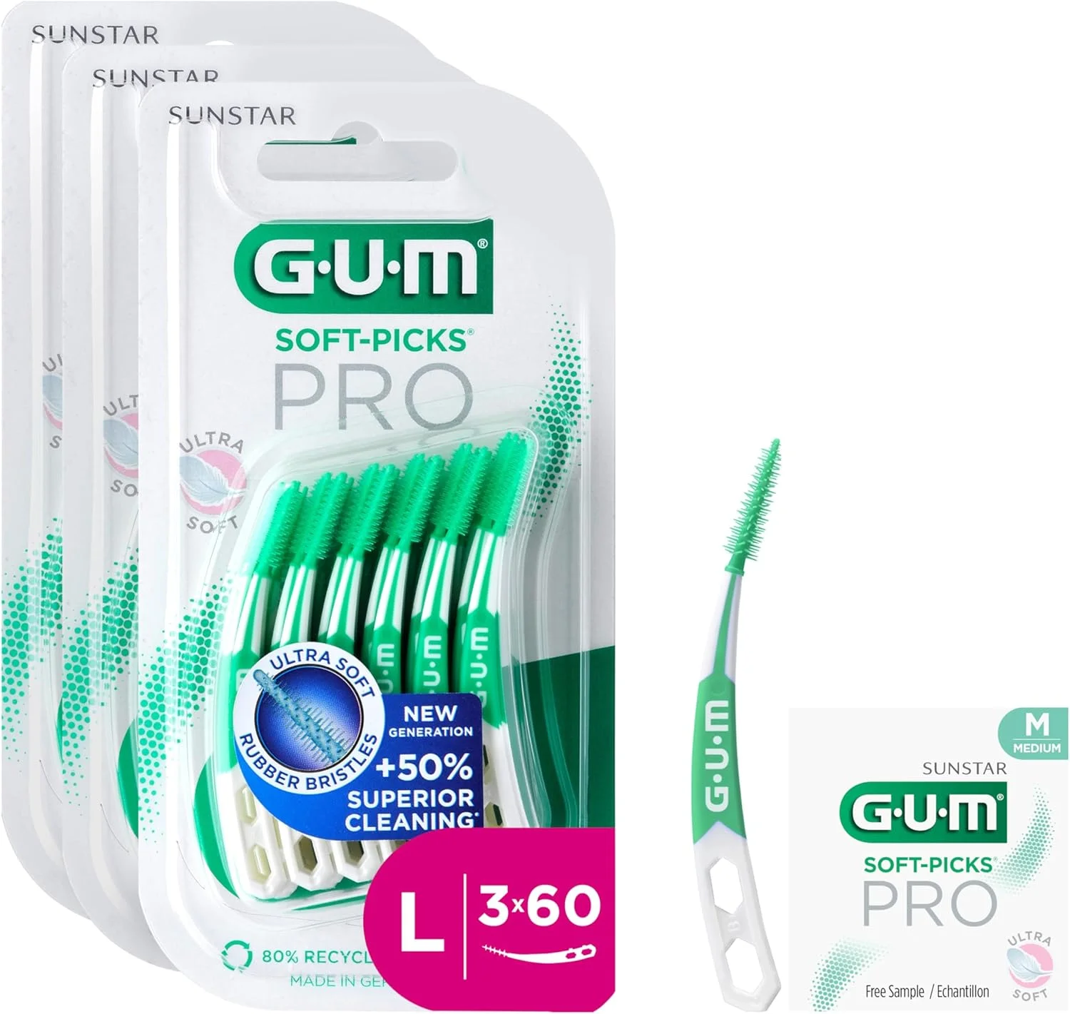 برس های بین دندانی GUM SOFT-PICKS PRO | طراحی منحنی برای دسترسی آسان به مناطق دور از دسترس | عملکرد ملایم برای لثه های حساس | [L-3x60] (+1 نمونه رایگان)