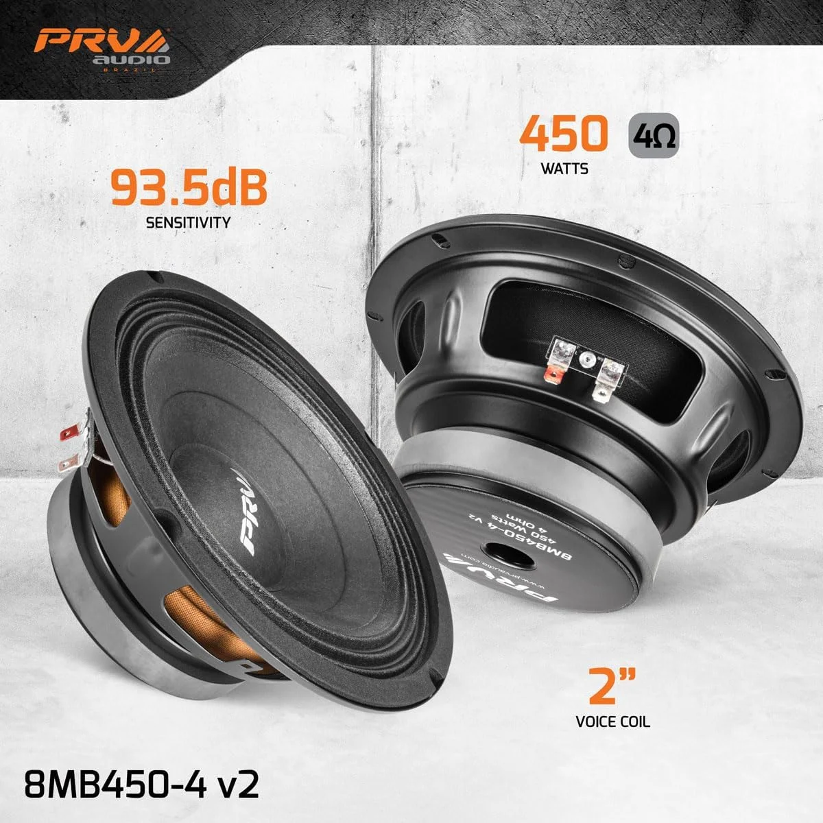 بلندگوی مید باس 8 اینچی PRV AUDIO 8MB450-4 v2، 4 اهم، حرفه ای، 93.5dB، 450 وات، سیم پیچ 2 اینچی (تکی)