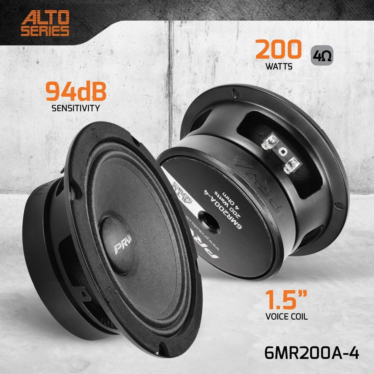 بلندگوی میان رده کم عمق 6.5 اینچی PRV AUDIO، مدل 6MR200A-4، توان 200 وات، 4 اهم، بلندگوی باریک خودرو با نصب کم عمق، سیم پیچ صوتی 1.5 اینچی، جمع و جور برای درب ها (تکی)