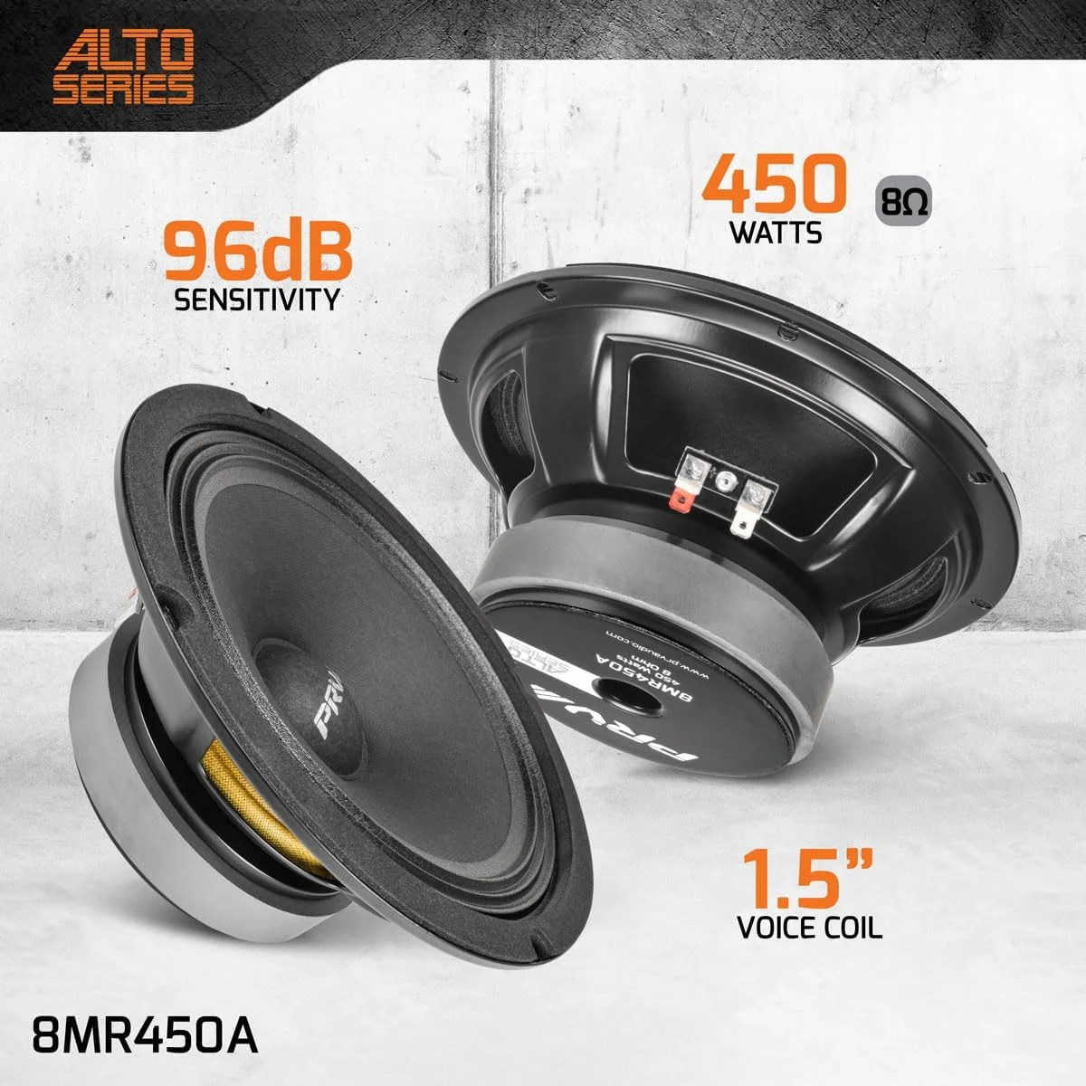 بلندگوی میان رده ۸ اینچی PRV AUDIO مدل 8MR450A، ۸ اهم، ۴۵۰ وات، ۹۶ دسی بل، بلندگوی محدوده میانی برای سیستم صوتی حرفه ای با خروجی بالا (تکی)
