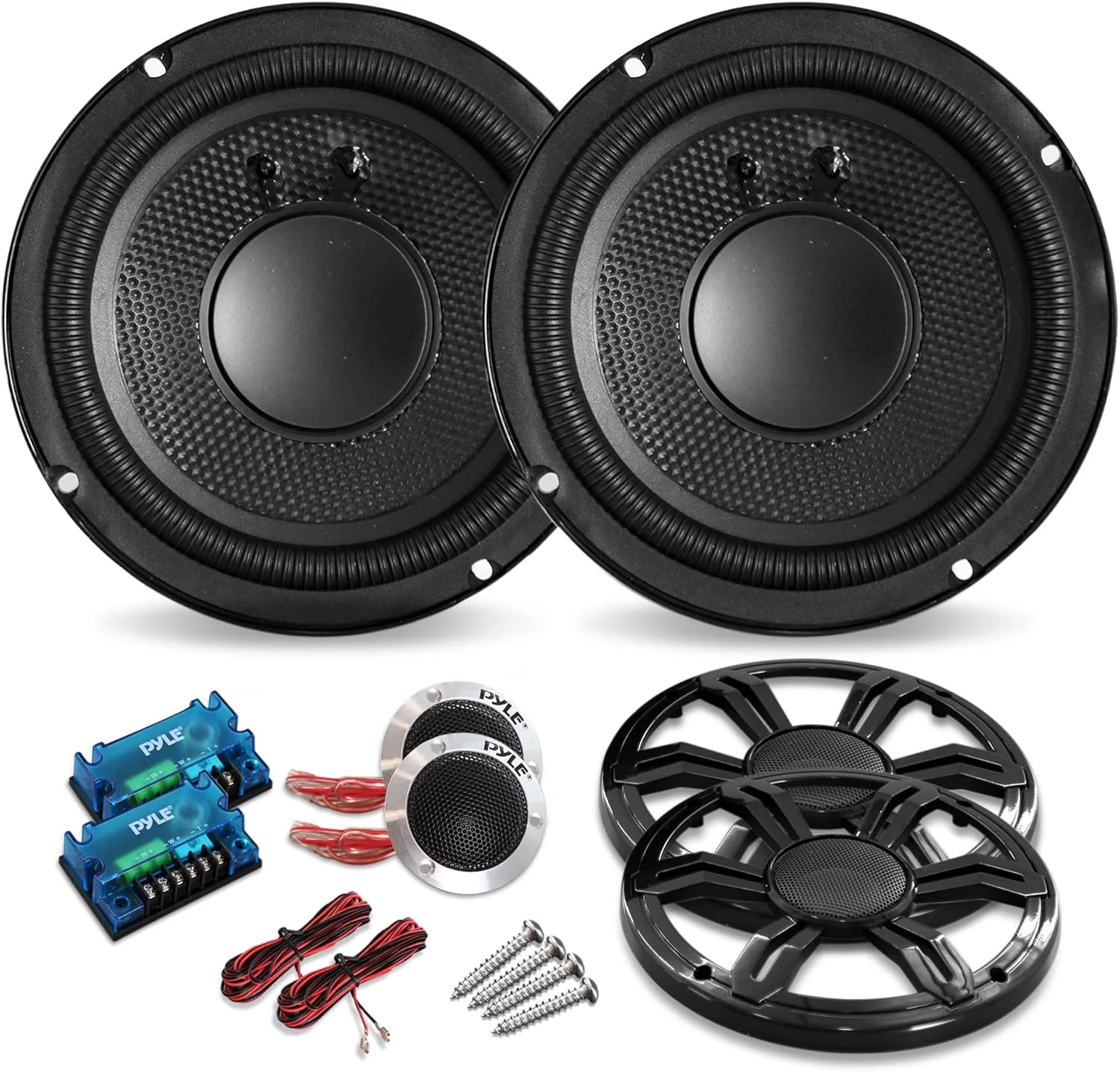 کیت بلندگوهای صوتی خودرو Pyle - 2 عدد بلندگوی SVC 6.5 اینچی با یک جفت شبکه کراس اوور پسیو 12dB در هر اکتاو و یک جفت توییتر آلومینیومی 1.0 اینچی، مخروط تزریقی با لبه لاستیکی - PLD63C