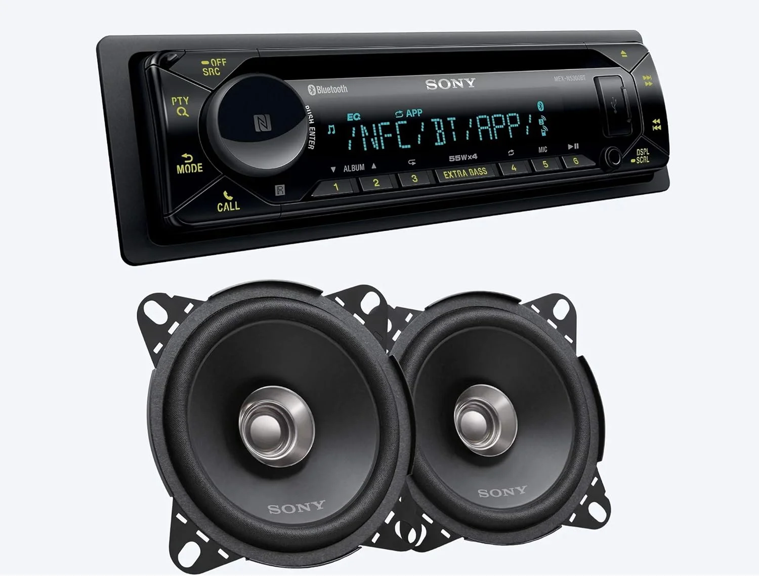 پخش کننده سی دی خودرو سونی مدل MEX-N5300BT با اتصال بلوتوث دوگانه و نورپردازی دو ناحیه ای به همراه یک جفت باند 10 سانتی متری دو مخروطی 210 واتی مگا باس رایگان