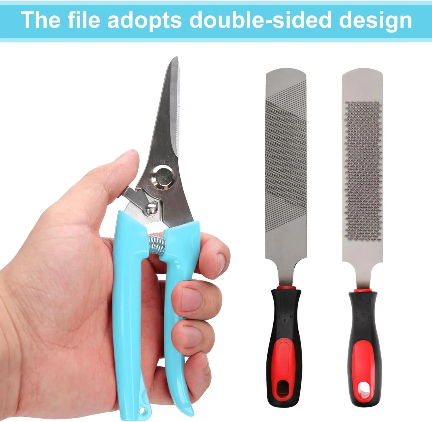 ست ۳ عددی ابزار پیرایش سم بز شامل سوهان، ناخن گیر برای بز، انبر سر صاف/خمیده، انبر اسب، قیچی پیرایش، سوهان، ابزار نعل بندی، نعل اسب برای بز، گوسفند، بره، خوک، لوازم جانبی سم حیوانات (آبی)