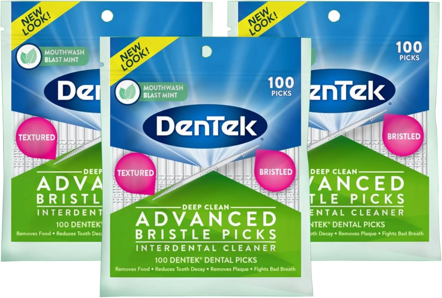 دنتک خلال دندان برس دار نعنایی برای تمیز کردن عمیق، 300 عدد (بسته 3 تایی، 100 عدد در هر بسته)