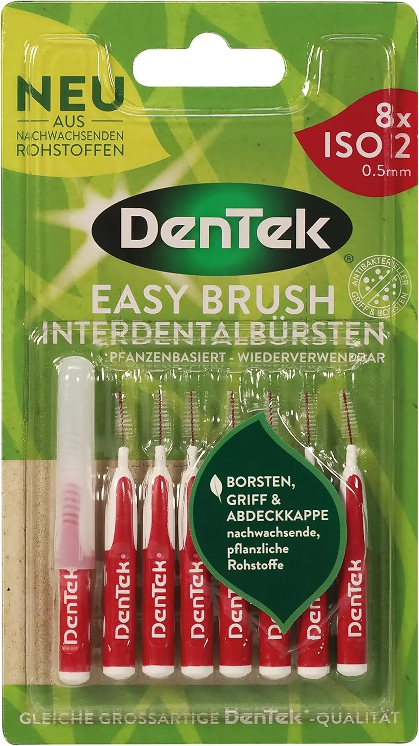 برس بین دندانی سازگار با محیط زیست DenTek Eco Easybrush ISO 2 بسته 8 عددی گیاهی 0.5 میلی متر ظریف برای فضاهای بین دندانی تنگ با طعم نعناع و درپوش محافظ بهداشتی - قابل استفاده مجدد