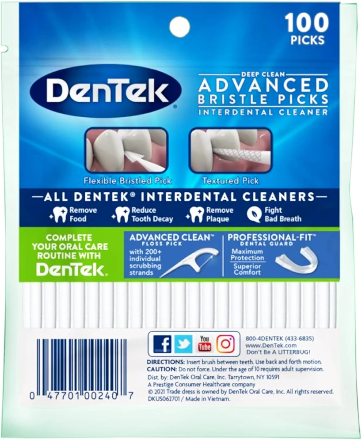 دنتک خلال دندان برس دار نعنایی برای تمیز کردن عمیق، 300 عدد (بسته 3 تایی، 100 عدد در هر بسته)