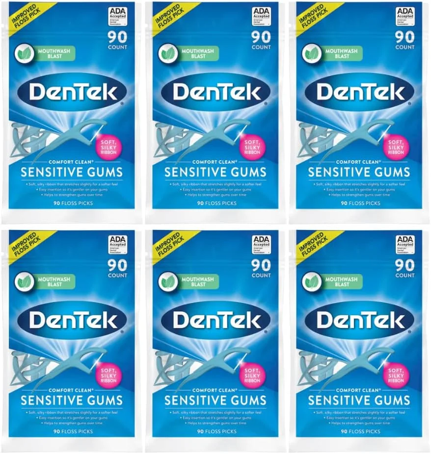دنتک Comfort Clean خلال دندان با نخ دندان برای دندان های حساس، نوار نرم و ابریشمی، 90 عدد (بسته 6 عددی)