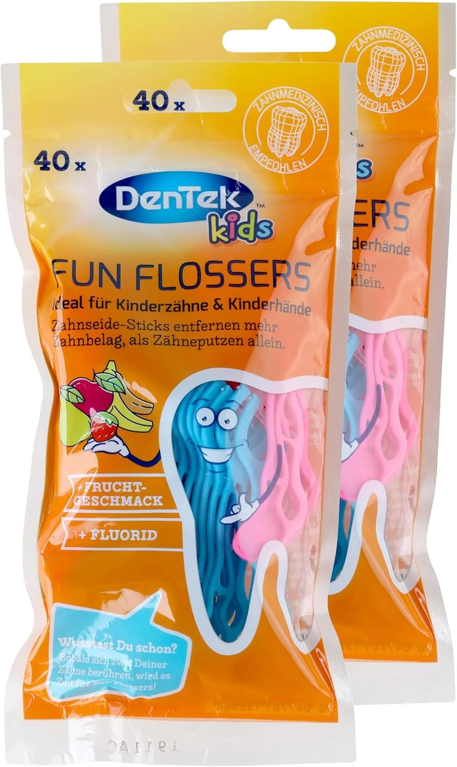 دنتک 2 بسته نخ دندان فান فلوسر کودکان با طعم میوه های وحشی، بسته 80 عددی، بسته دوتایی