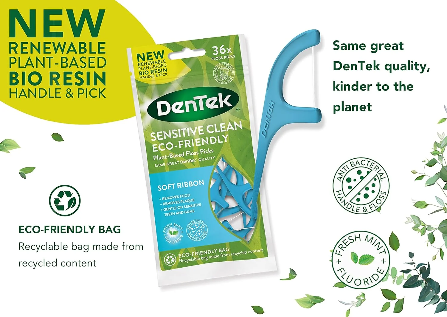 دنتک، نخ دندان کمانی سازگار با محیط زیست برای دندان های حساس، 216 عدد، با نوار نرم و نخ دندان ضد باکتری - ملایم برای دندان ها و لثه های حساس، 6 بسته 36 عددی (216 نخ دندان کمانی)، آبی
