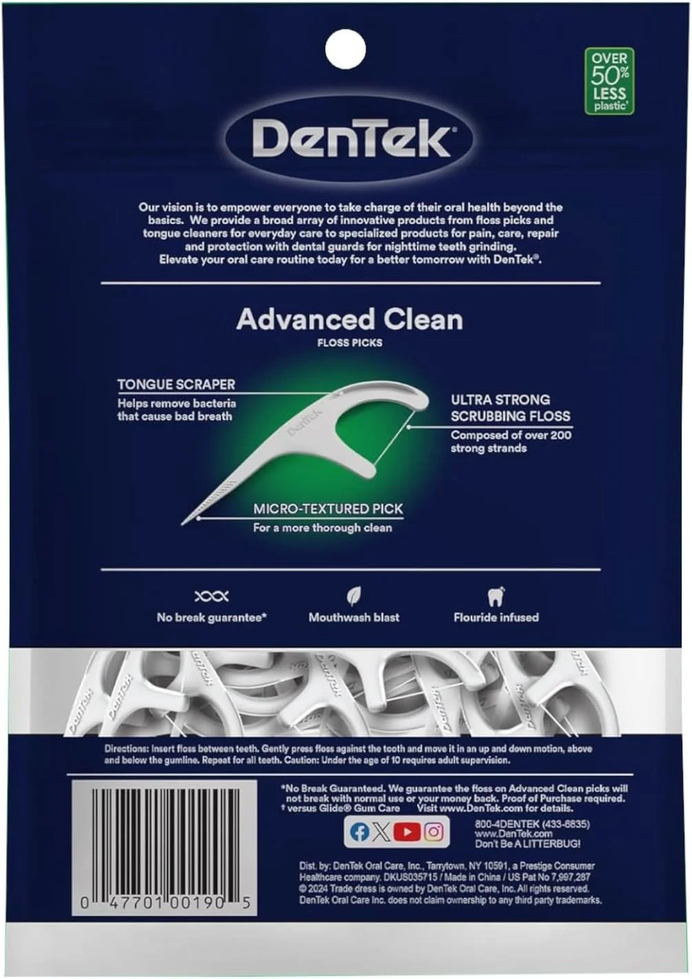 دنتک خلال دندان با نخ دندان فوق العاده قوی سه گانه تمیز کننده، طعم دهانشویه، 90 عدد (بسته 5 عددی)