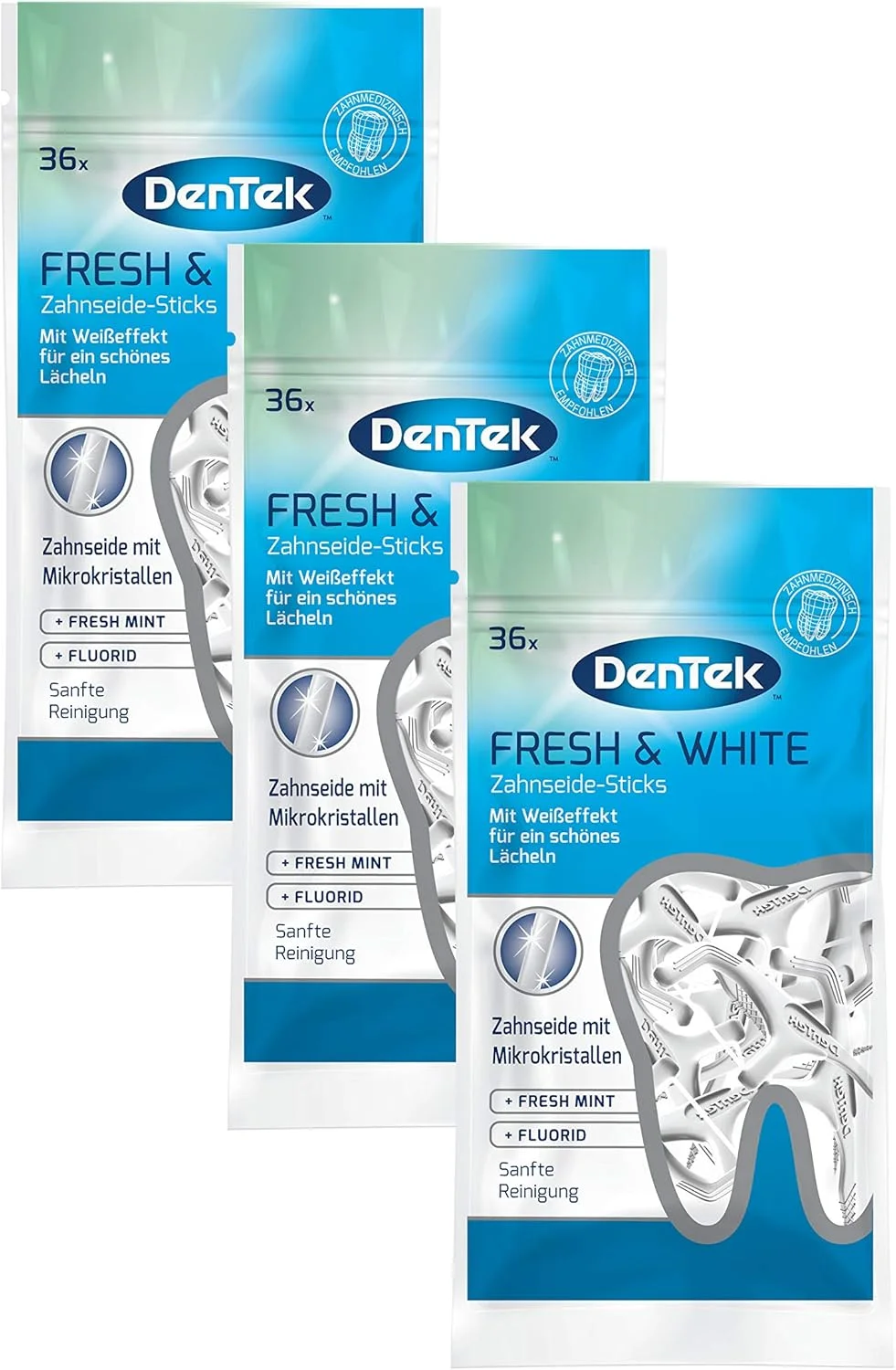 نخ دندان کمانی دنTek Fresh & White - حاوی میکروکریستال - برای فضاهای بین دندانی سفیدتر - نخ دندان با طعم نعناع - خلال دندان - تمیز کننده زبان، 3 بسته 36 عددی