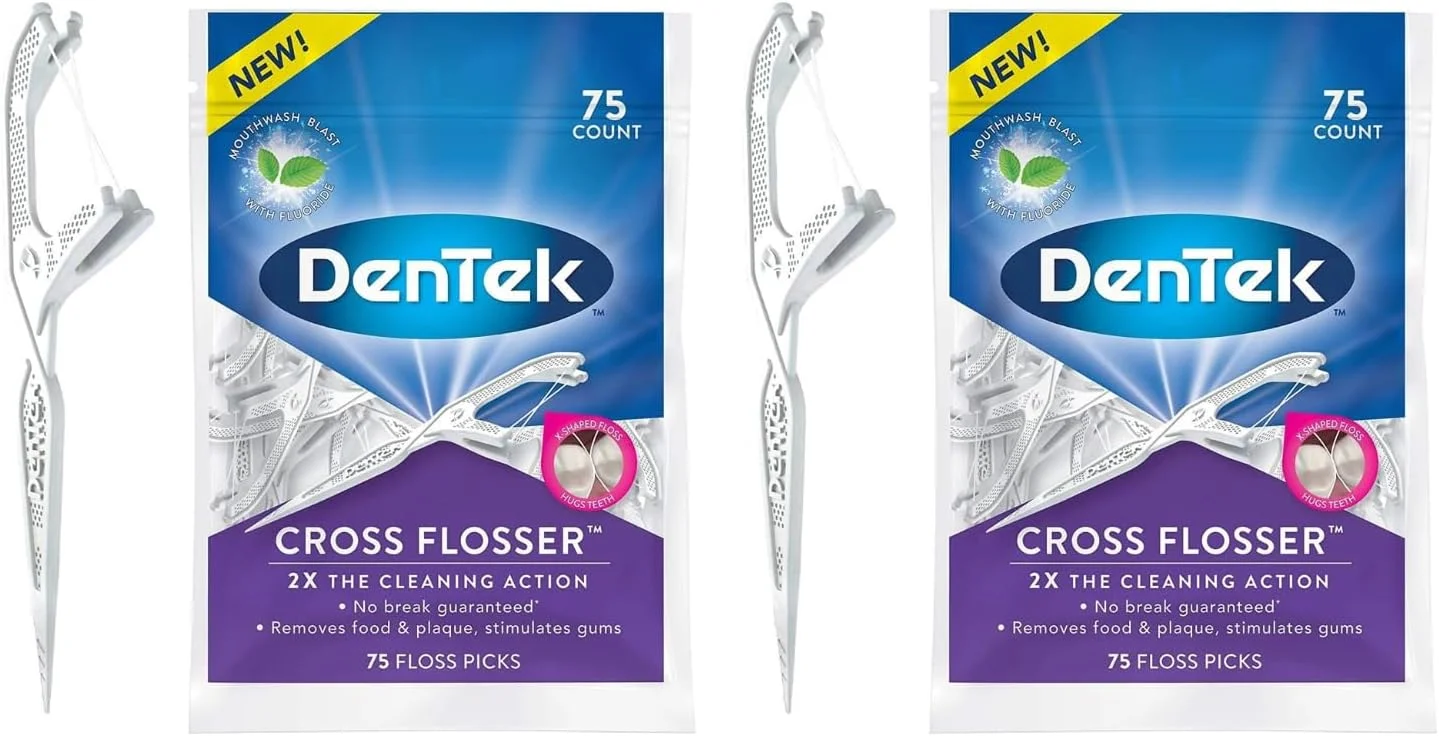 دنتک نخ دندان کمانی کنترل پلاک، نخ دندان X شکل، غنی شده با فلوراید، طعم انفجار دهانشویه، 150 عدد (بسته 2 عددی)