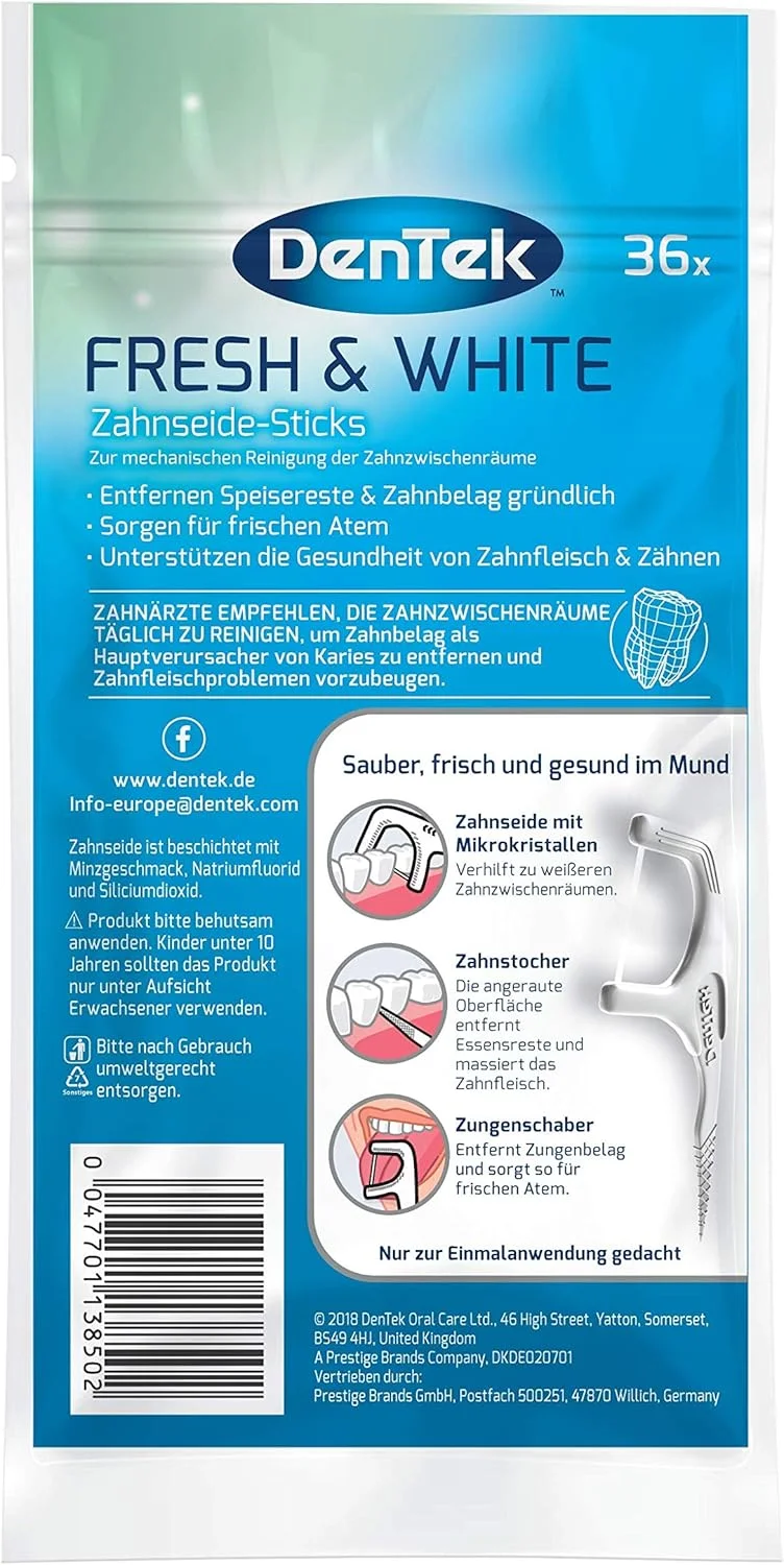 نخ دندان کمانی دنTek Fresh & White - حاوی میکروکریستال - برای فضاهای بین دندانی سفیدتر - نخ دندان با طعم نعناع - خلال دندان - تمیز کننده زبان، 3 بسته 36 عددی نخ دندان کمانی دنTek Fresh & White - حاوی میکروکریستال - برای فضاهای بین دندانی سفیدتر - نخ دندان با طعم نعناع - خلال دندان - تمیز کننده زبان، 3 بسته 36 عددی