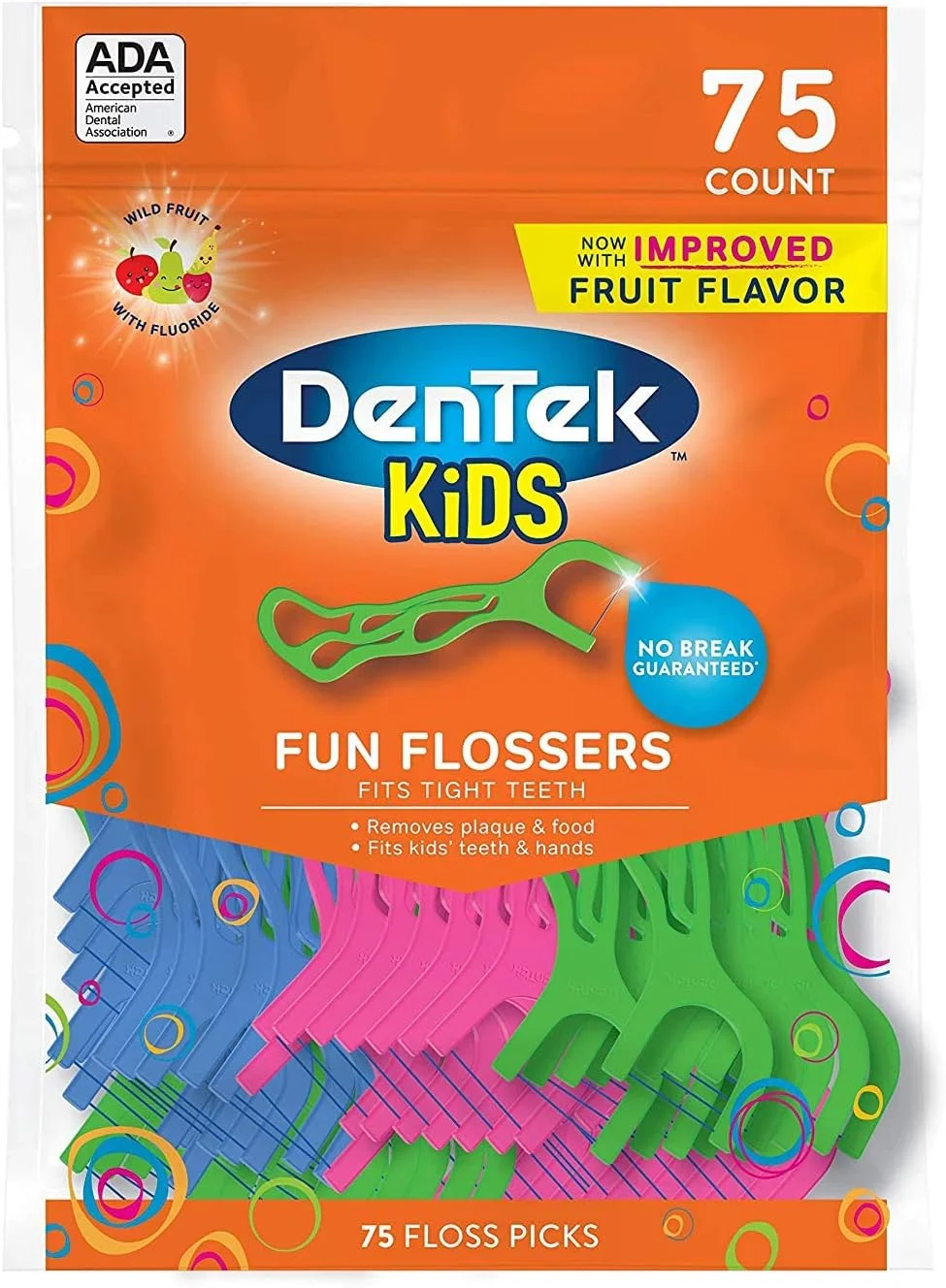 نخ دندان بچه گانه DenTek Fun Flossers، طعم میوه های وحشی، با طراحی آسان برای کودکان، 75 عدد (بسته 1 عددی)