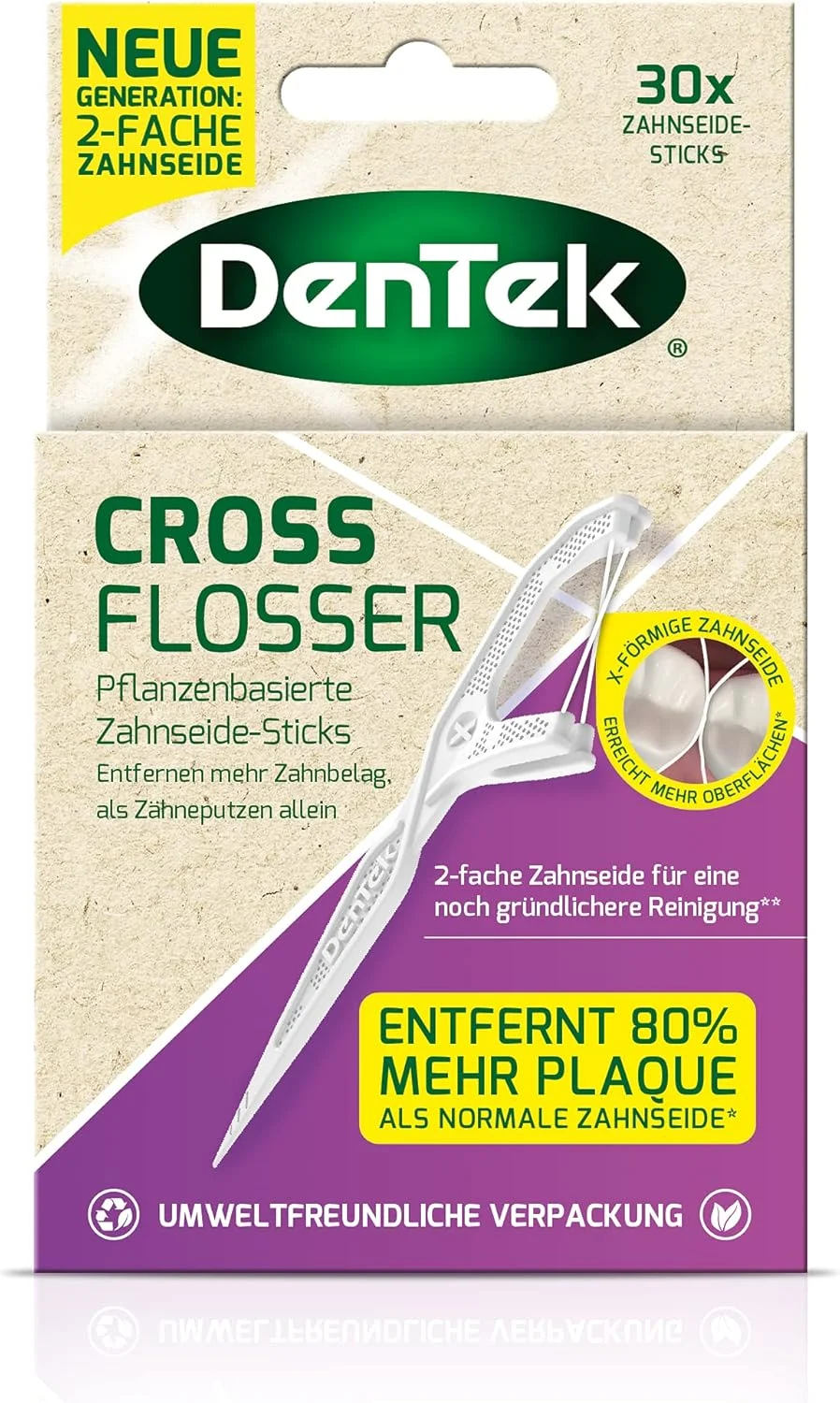 دنتک کراس فلاسِر - نخ دندان گیاهی - مقاوم در برابر پارگی - تمیز کننده بین دندانی - طعم نعناع - فلوراید - خلال دندان، 1 بسته 30 عددی
