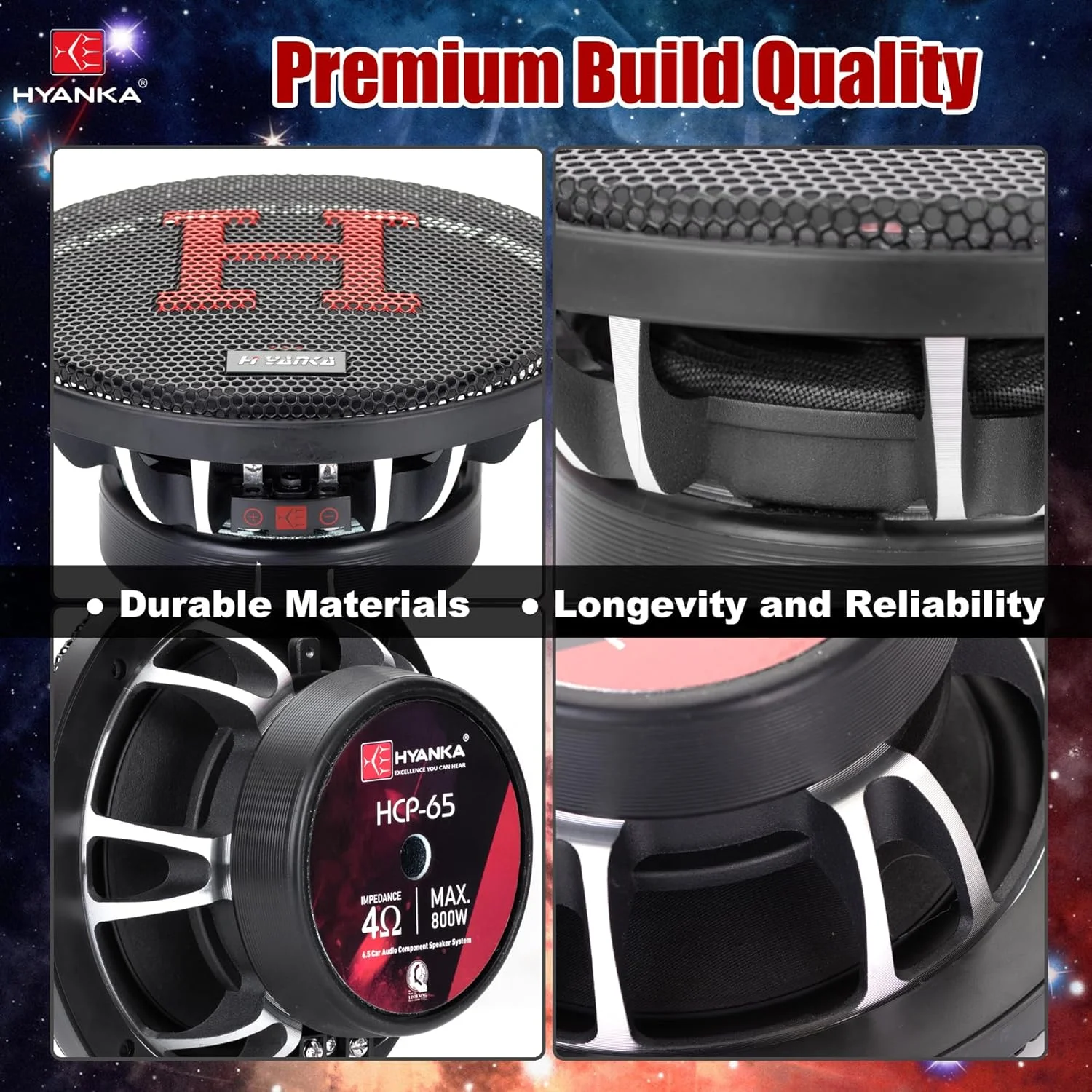 بلندگوهای کامپوننت خودرو H YANKA HCP-65 6.5 اینچی، بلندگوهای استریو درب خودرو 800 واتی، ایده آل برای ارتقاء هر سیستم استریوی خودرو شامل 2 عدد ووفر میان رده، توییتر و کراس اوور (مجموعه)